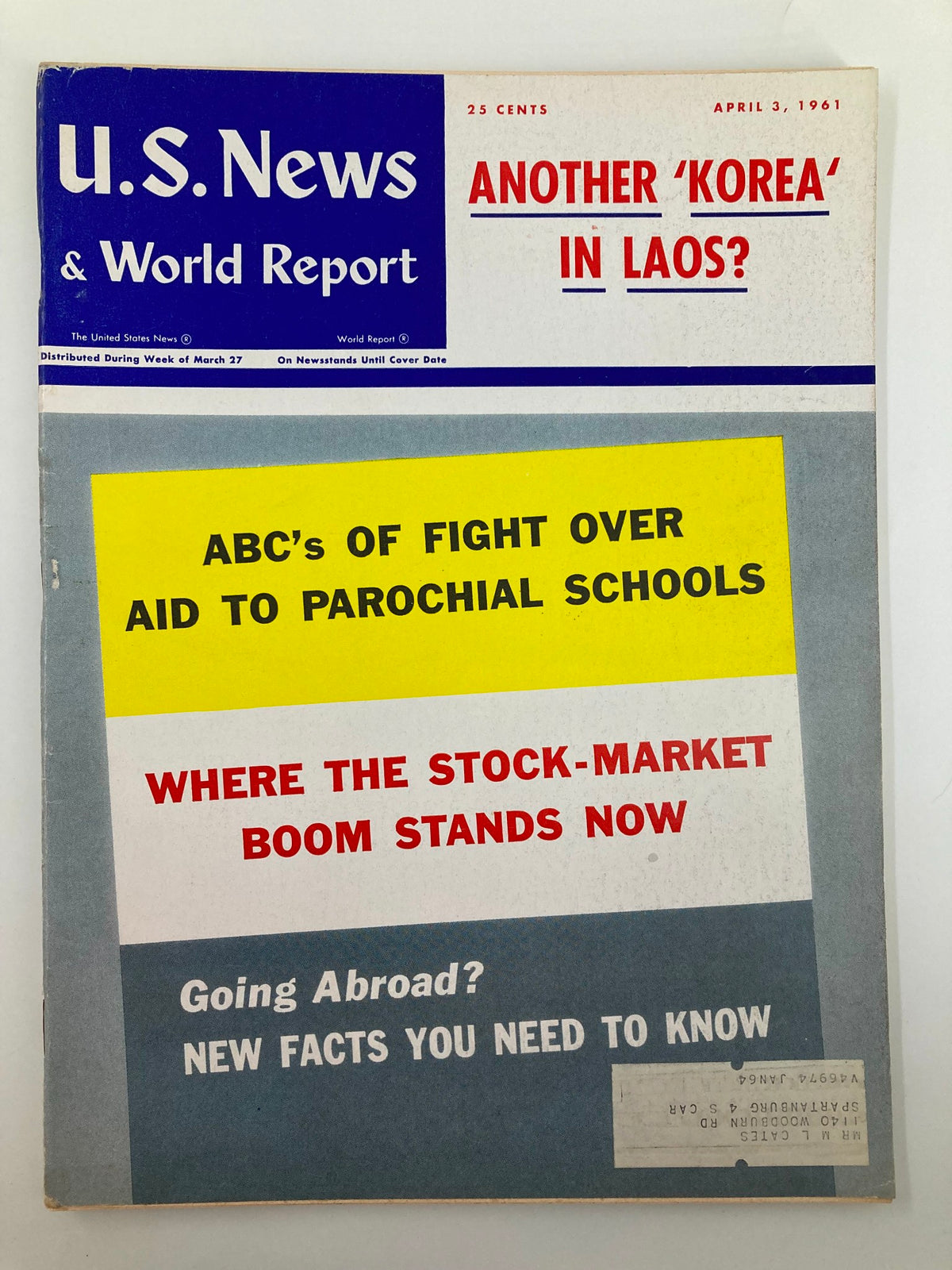 Cover of US News & World Report Magazine dated April 3, 1961, featuring the headline 'Another 'Korea' in Laos?' with additional articles highlighted, showcasing a historical snapshot of the era.
