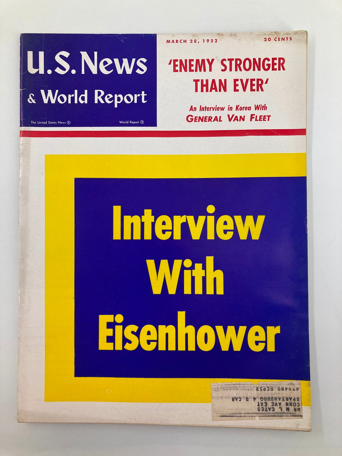 Cover of US News & World Report Magazine, dated March 28, 1952, featuring the title 'Interview With Eisenhower' in bold letters against a colorful background, showcasing historical content including a discussion on General Van Fleet and a notable interview with Dwight D. Eisenhower.