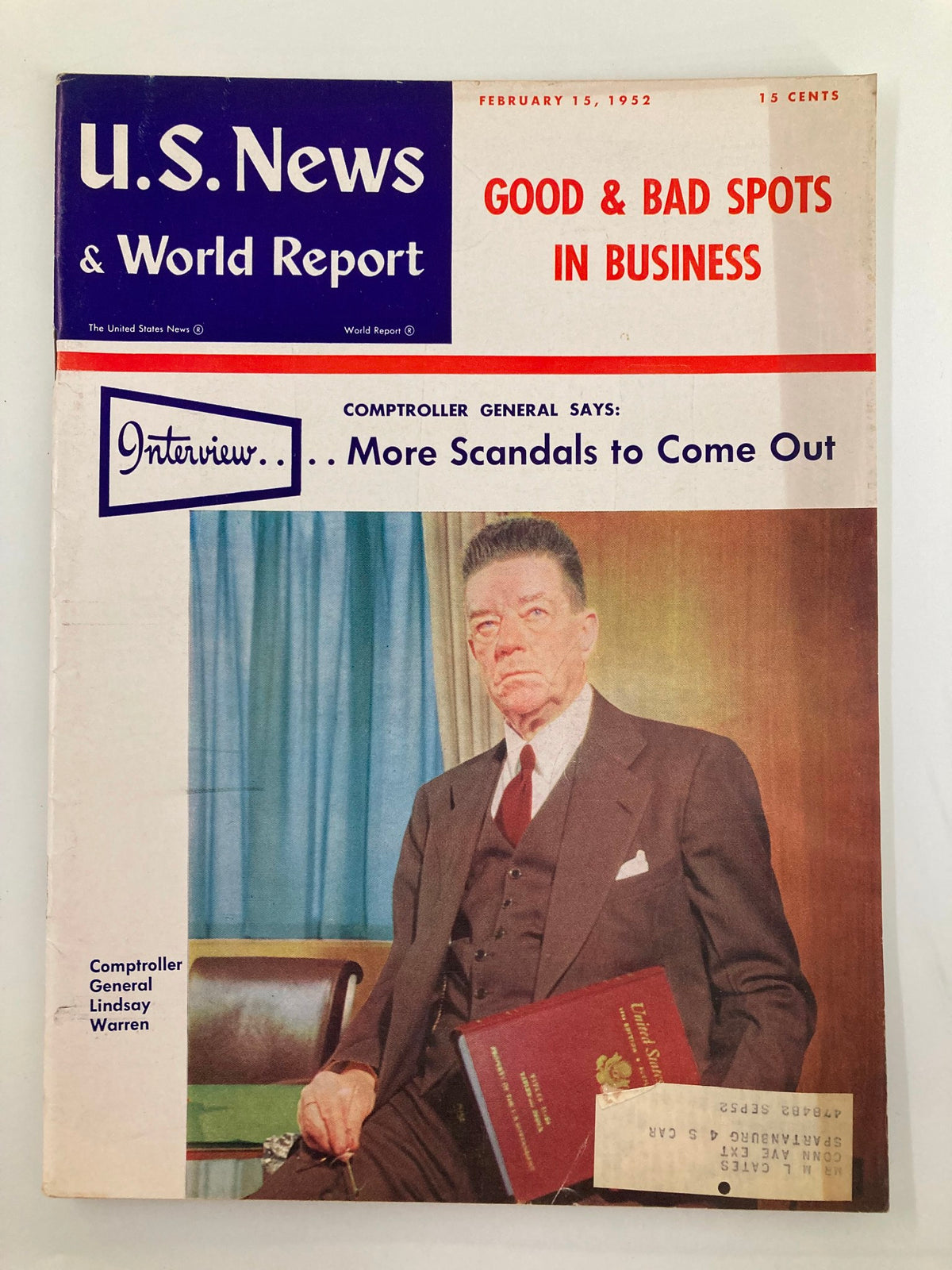 Cover of US News & World Report Magazine February 15, 1952, featuring an article on Good & Bad Spots in Business with an image of Comptroller General Lindsay Warren.