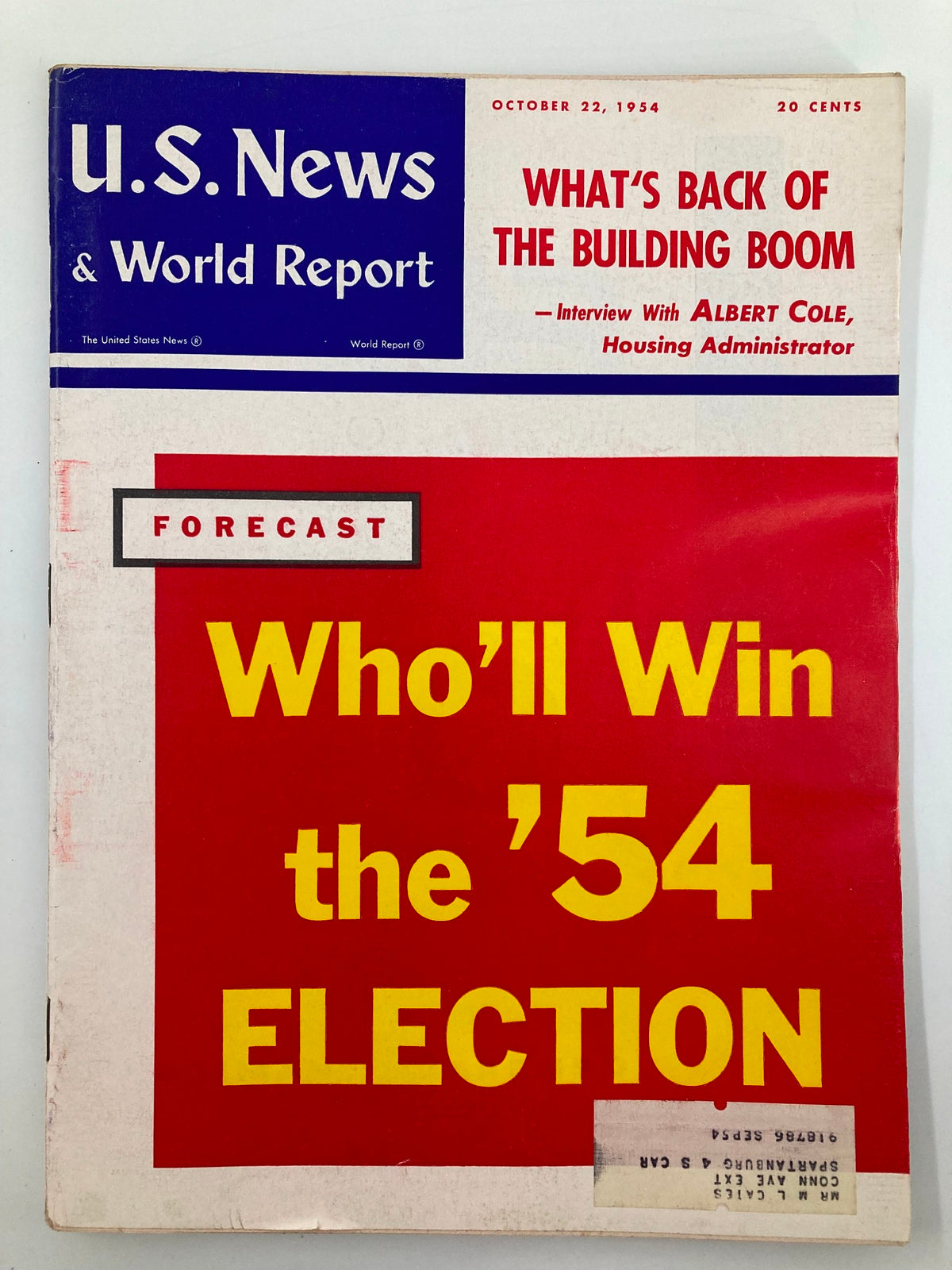 Cover of US News & World Report Magazine October 22, 1954, featuring the headline 'What's Back of The Building Boom' and a forecast on the 1954 election.