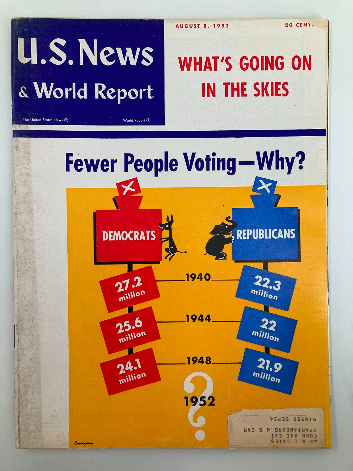 Cover of US News & World Report Magazine from August 8, 1952, featuring the headline Fewer People Voting—Why? showcasing statistics for Democrat and Republican voter turnout over the years.