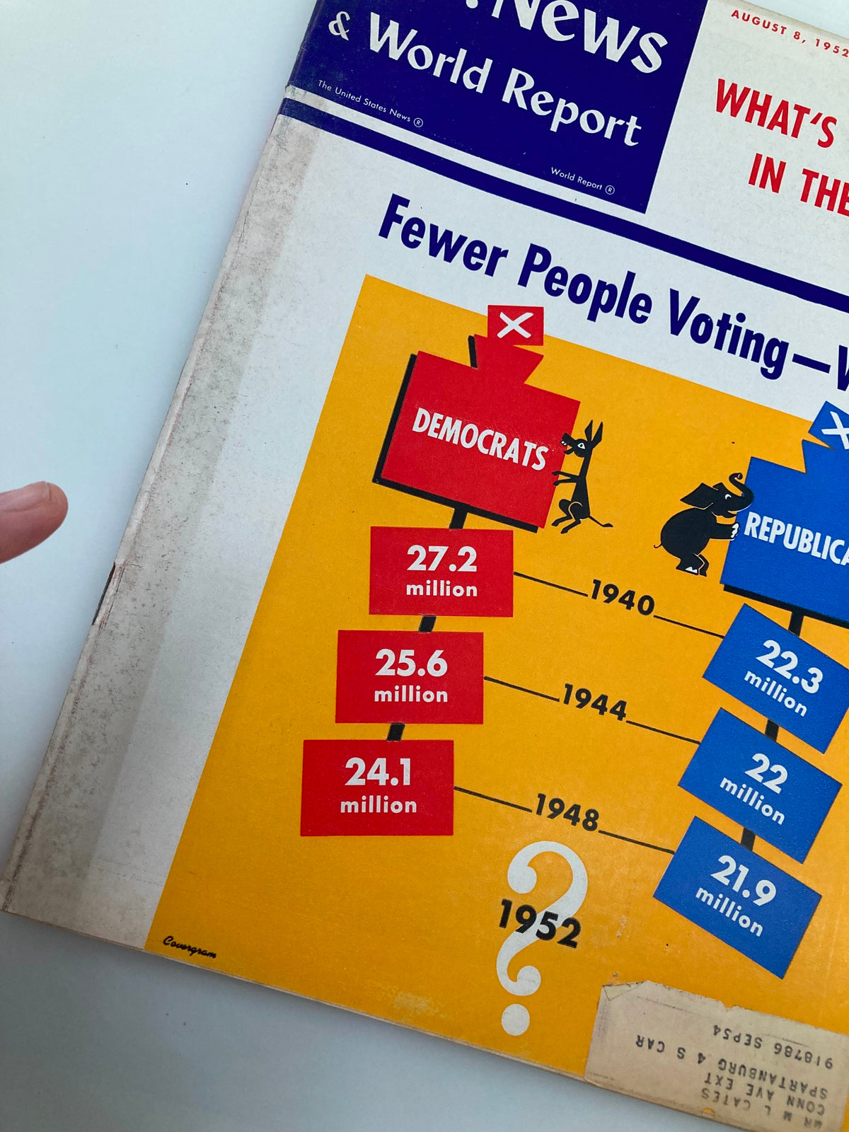 Close-up of the US News & World Report Magazine cover from August 8, 1952, detailing voter turnout statistics for Democrats and Republicans, with the question Fewer People Voting—Why? prominently displayed.
