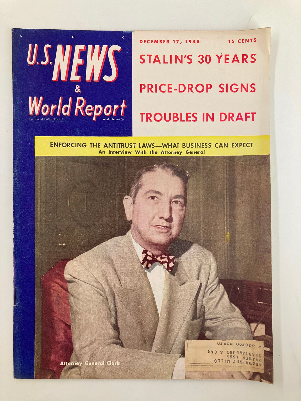Cover of US News & World Report Magazine, December 17, 1948, featuring an article on Joseph Stalin's 30 Years of power, with a portrait of Attorney General Clark, and headlines about price-drop signs and draft troubles.