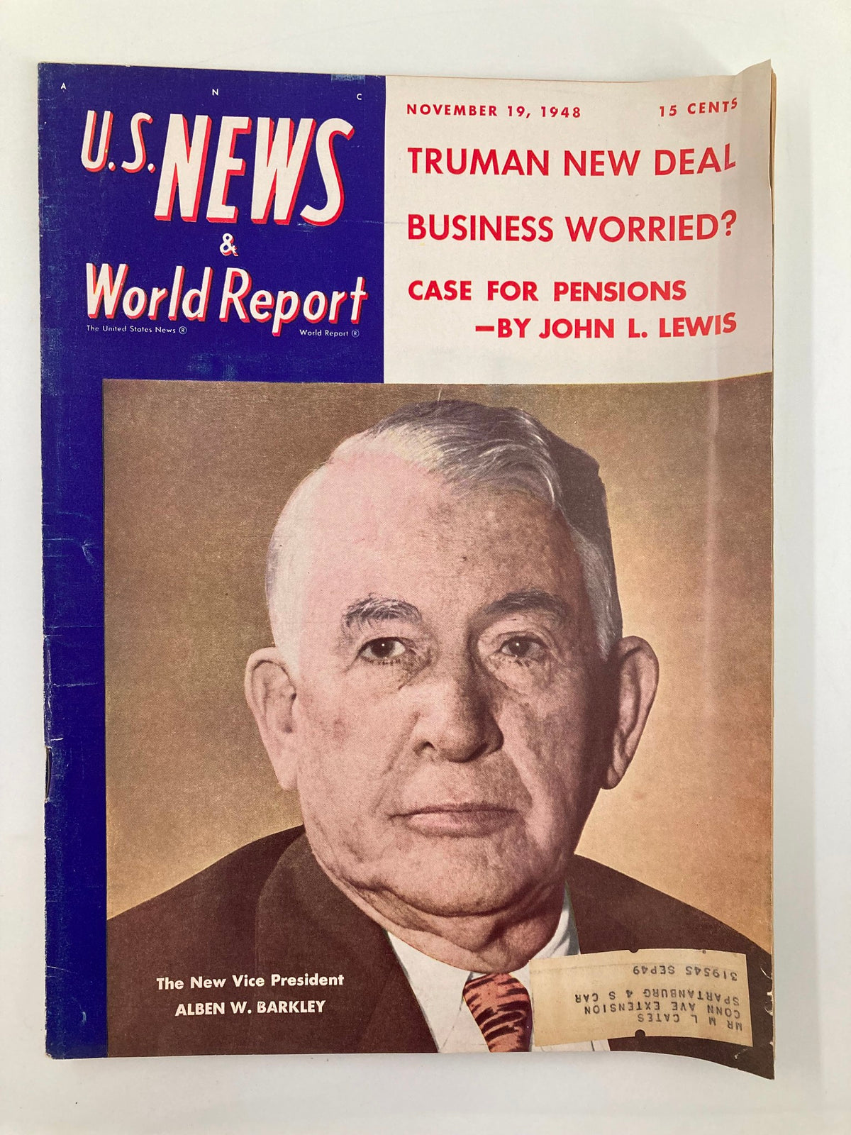 Cover of US News & World Report Magazine dated November 19, 1948, featuring a portrait of Alben W. Barkley, the new Vice President, with highlights on Truman's New Deal and business concerns.