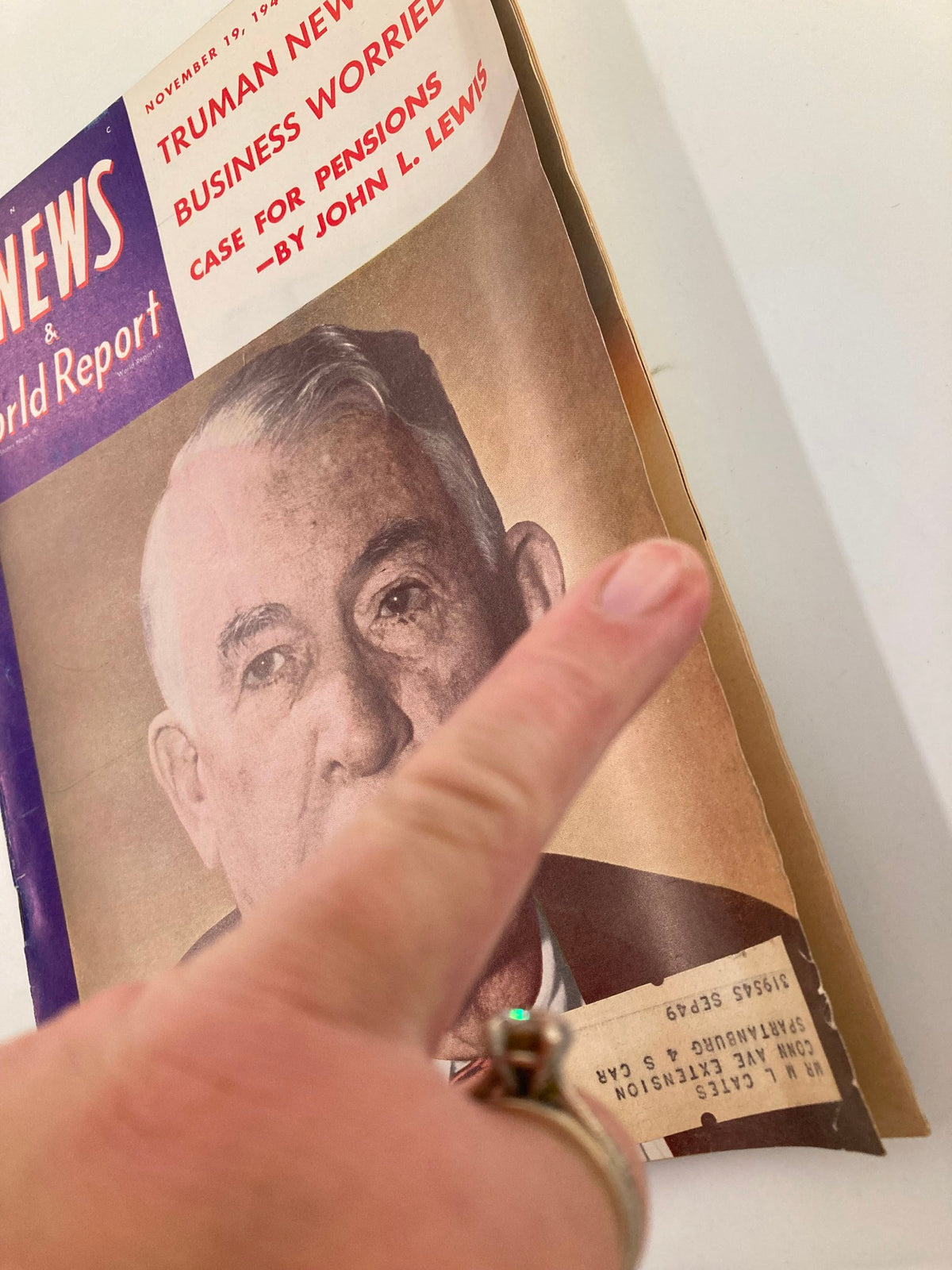 Cover of US News & World Report Magazine from November 19, 1948, featuring a portrait of a man, highlighted headlines discussing Truman's administration and business concerns, with visible wear indicative of its vintage.