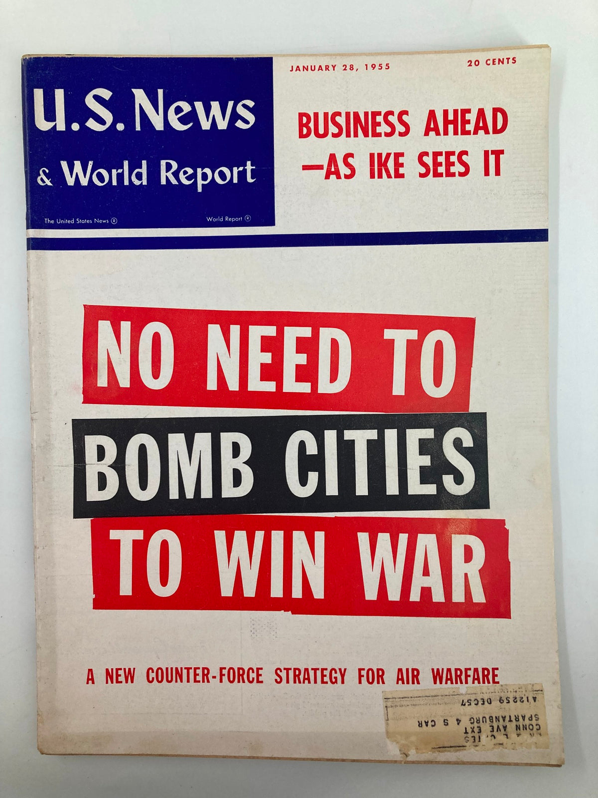 Cover of US News & World Report Magazine from January 28, 1955, featuring the headline 'Business Ahead - As Ike Sees It' and articles on business and military strategy, including 'No Need to Bomb Cities to Win War.' Vintage magazine in good condition with character marks.