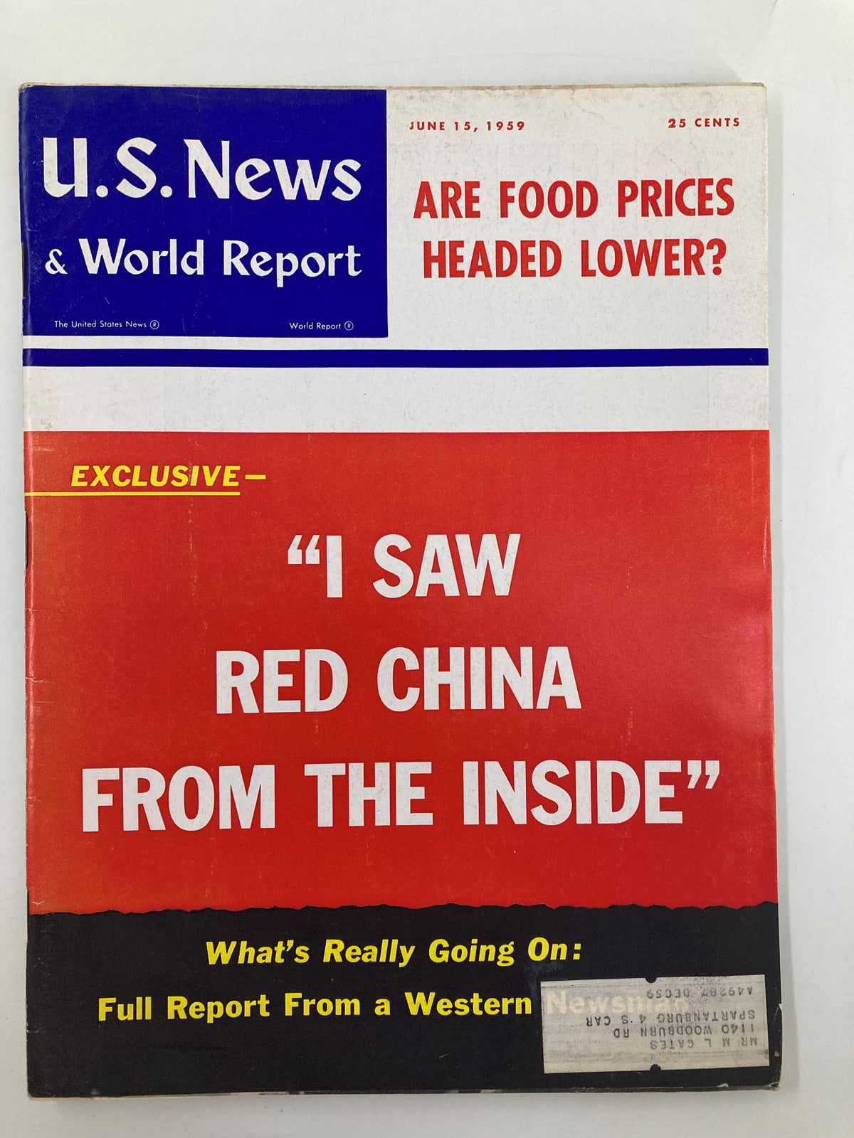 Front cover of US News & World Report Magazine June 15 1959 featuring the headline 'Are Food Prices Headed Lower?' and an article titled 'I Saw Red China From the Inside'. The magazine is characterized by its vibrant colors and vintage design.