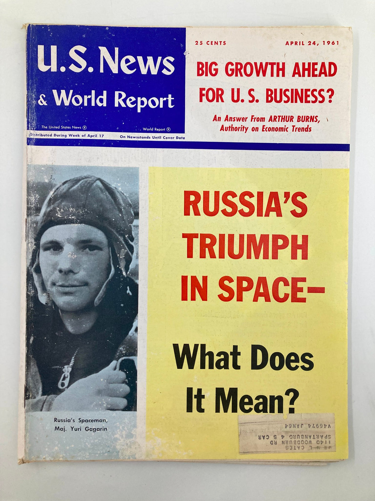 Cover of the US News & World Report Magazine dated April 24, 1961, featuring a significant story on Russia's spaceman, Major Yuri Gagarin, with the title 'Russia's Triumph in Space - What Does It Mean?'