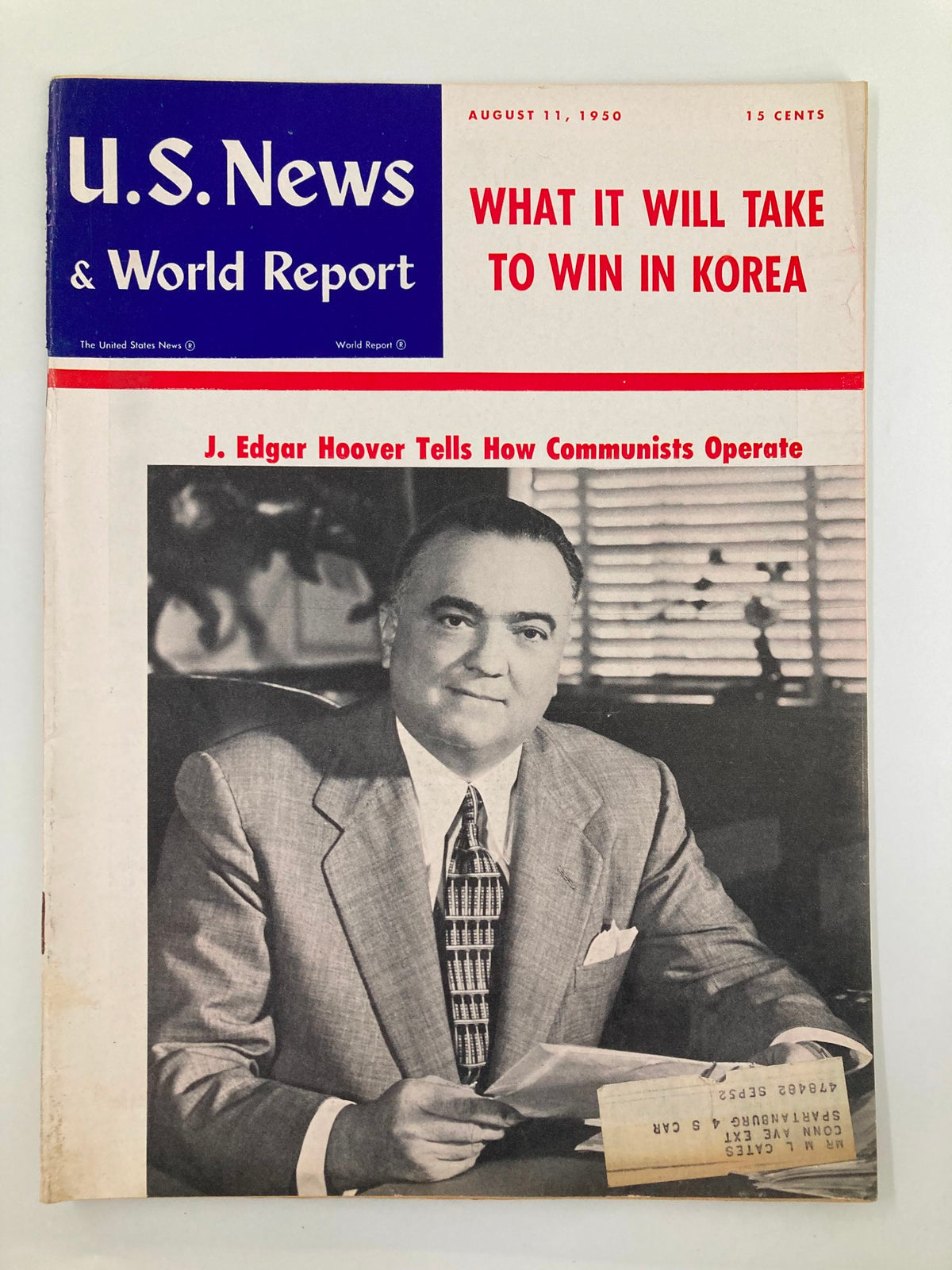 Cover of US News & World Report Magazine from August 11, 1950 featuring a portrait of J. Edgar Hoover and the headline 'What It Will Take to Win in Korea.'