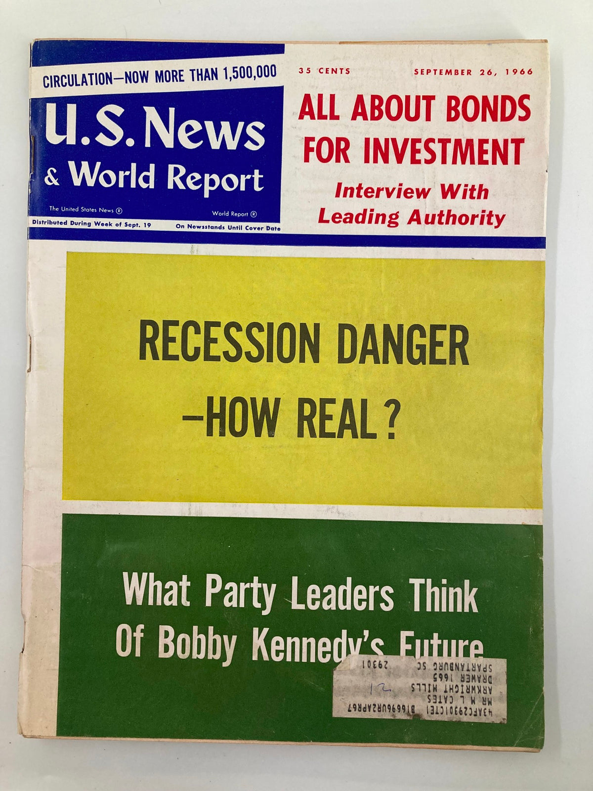 Cover of US News & World Report Magazine from September 26, 1966, featuring the title 'All About Bonds for Investment', with highlights on recession danger and opinions on Bobby Kennedy's future.