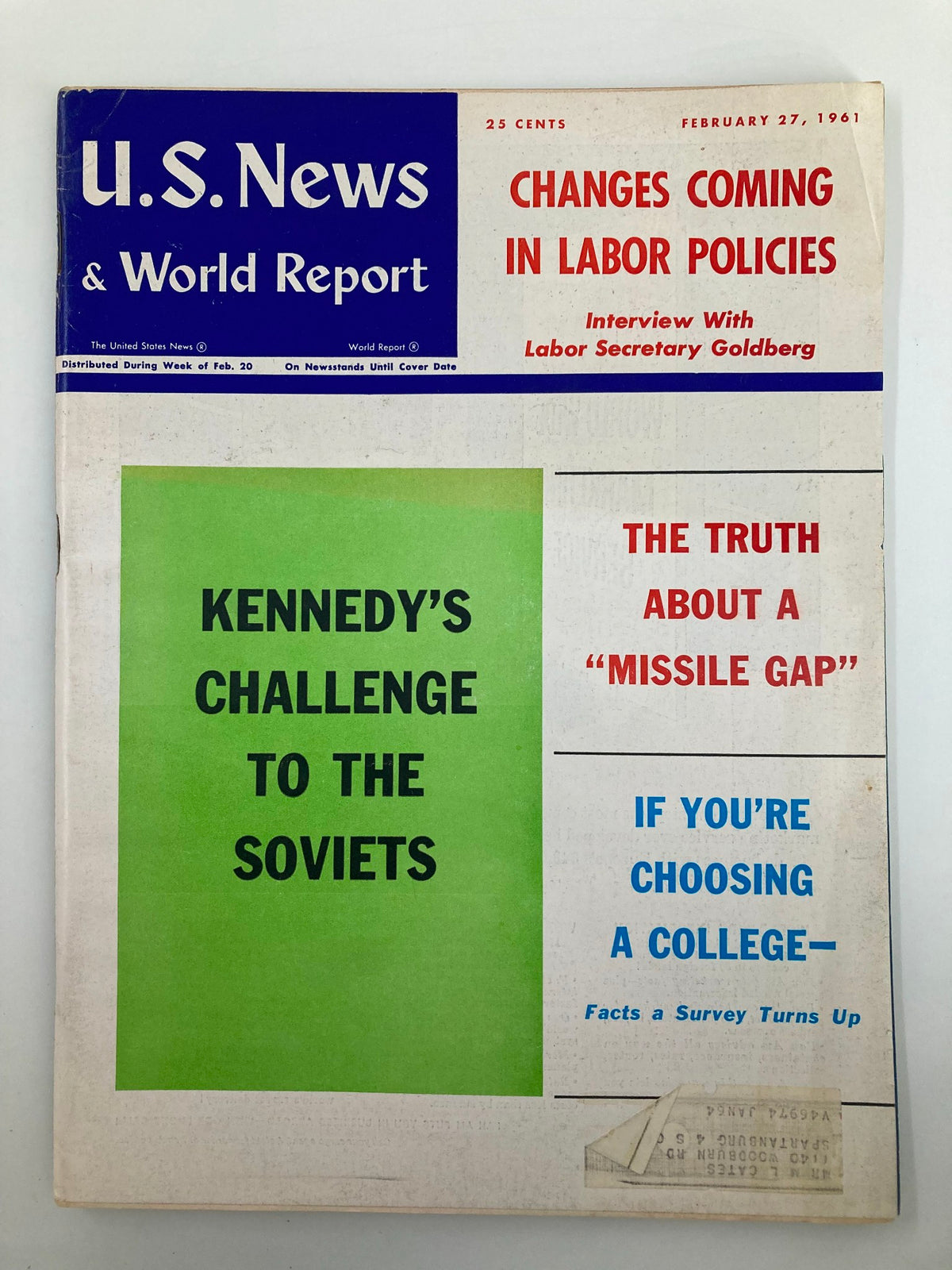 US News & World Report Magazine February 27 1961 cover featuring a headline on changes coming in labor policies and articles about Kennedy's challenge to the Soviets, the missile gap, and college selections.