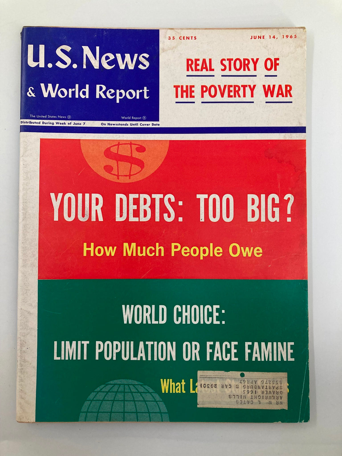 Cover of US News & World Report Magazine June 14, 1965 featuring a bold headline 'Real Story of The Poverty War'. The design includes colorful sections discussing debt and world choices, reflecting historical issues of the time.