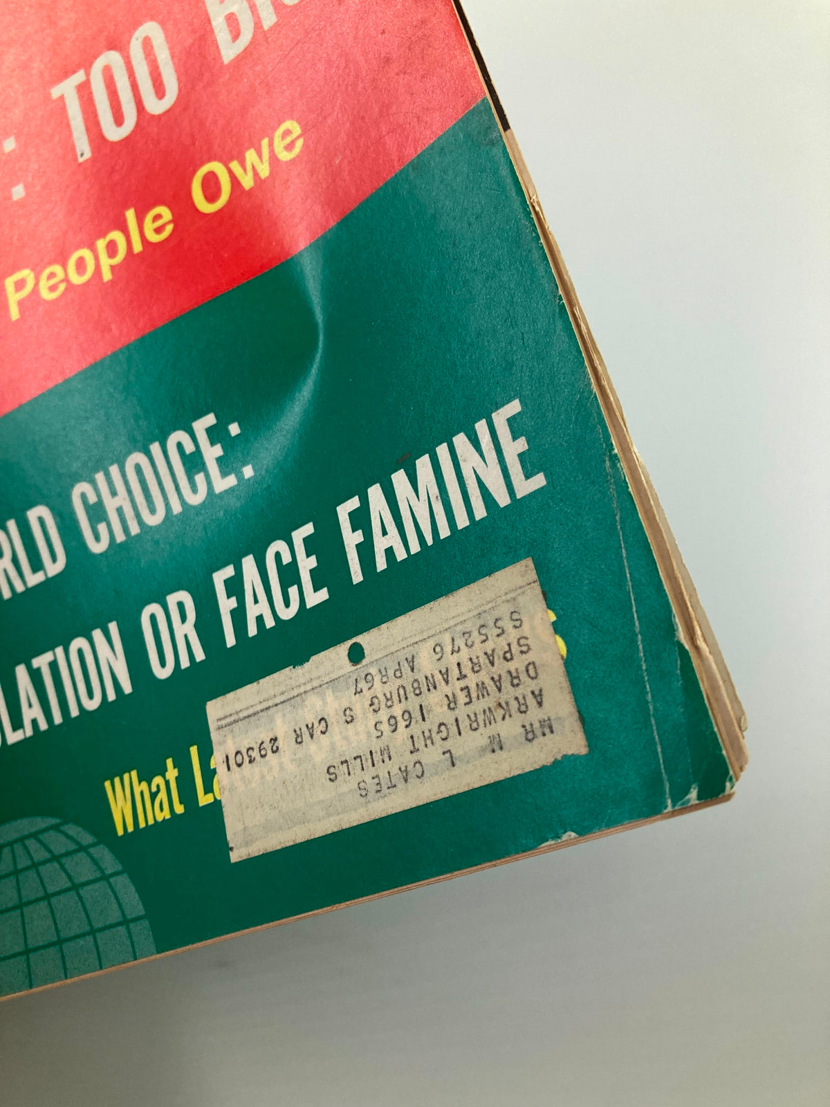 Back cover of US News & World Report Magazine June 14, 1965 showing additional text and labels related to population and famine.