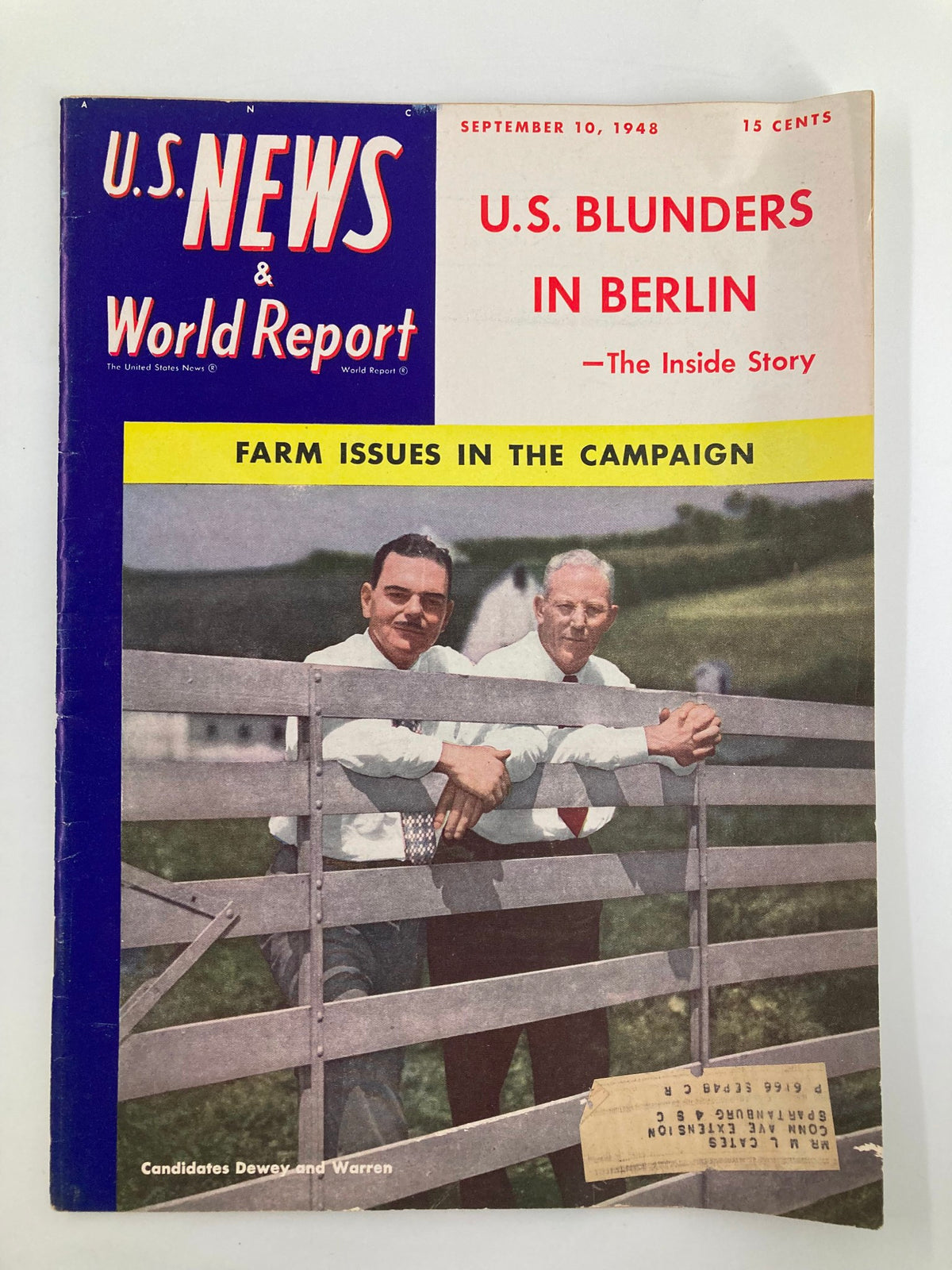 Cover of US News & World Report Magazine from September 10, 1948, featuring candidates Dewey and Warren, discussing farm issues and U.S. blunders in Berlin.