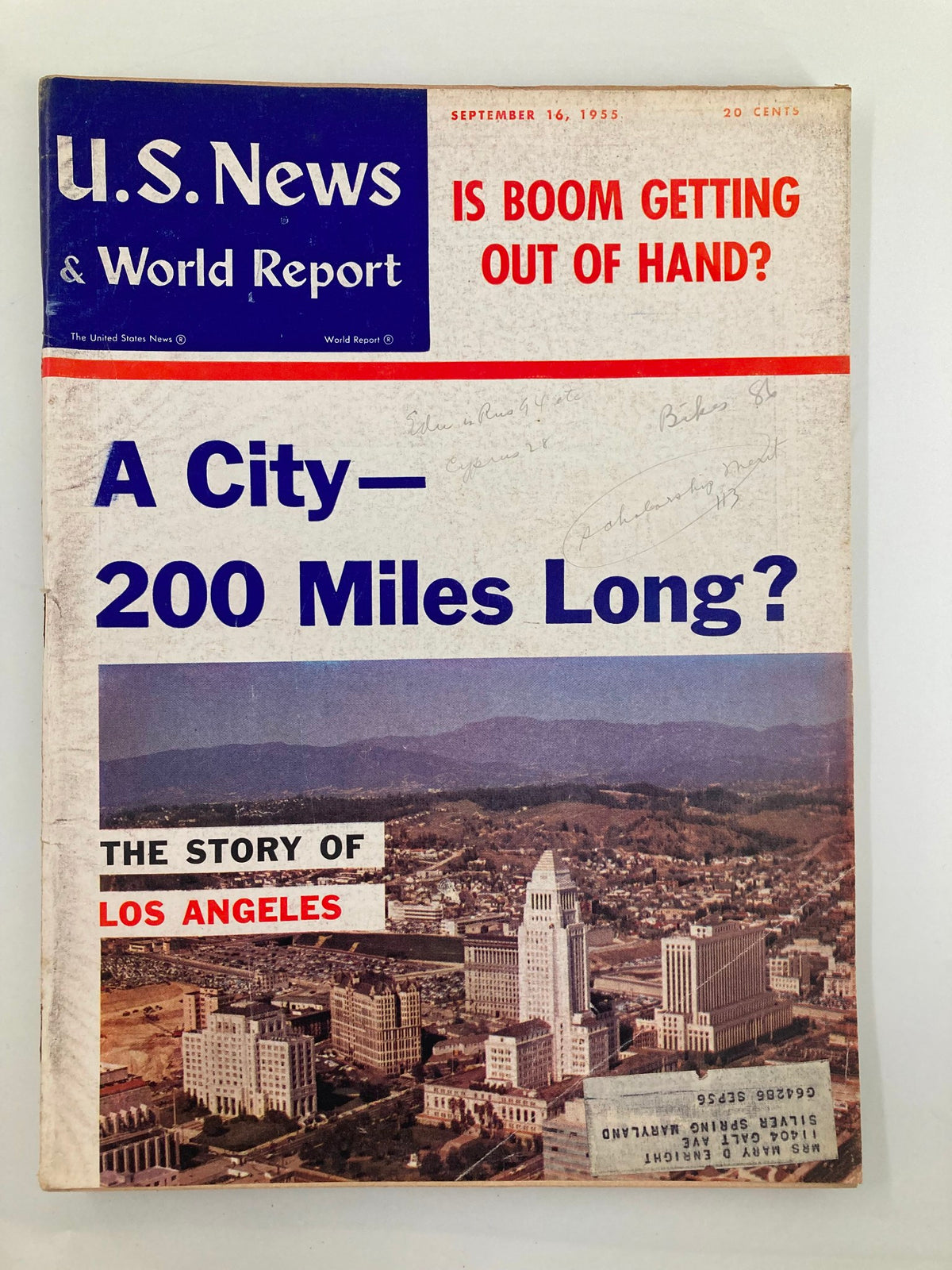 Cover of the US News & World Report Magazine from September 16, 1955, featuring the headline 'Is Boom Getting Out of Hand?' and a featured story on Los Angeles.