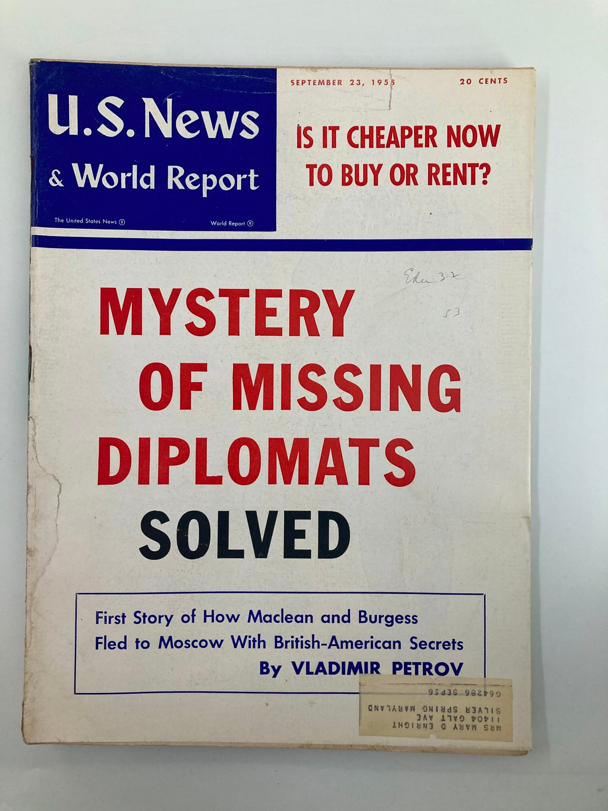 Cover of US News & World Report Magazine from September 23, 1955 featuring the title 'Mystery of Missing Diplomats Solved'. The cover highlights the first story about how Maclean and Burgess fled to Moscow with British-American secrets.