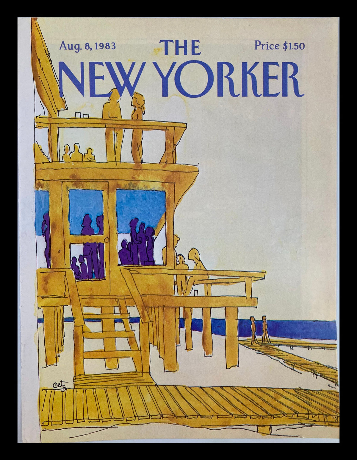 Cover of The New Yorker dated August 8, 1983, titled 'The Dock' by Arthur Getz, featuring an illustration of a dock scene with people, showcasing vibrant colors and an iconic artistic style.
