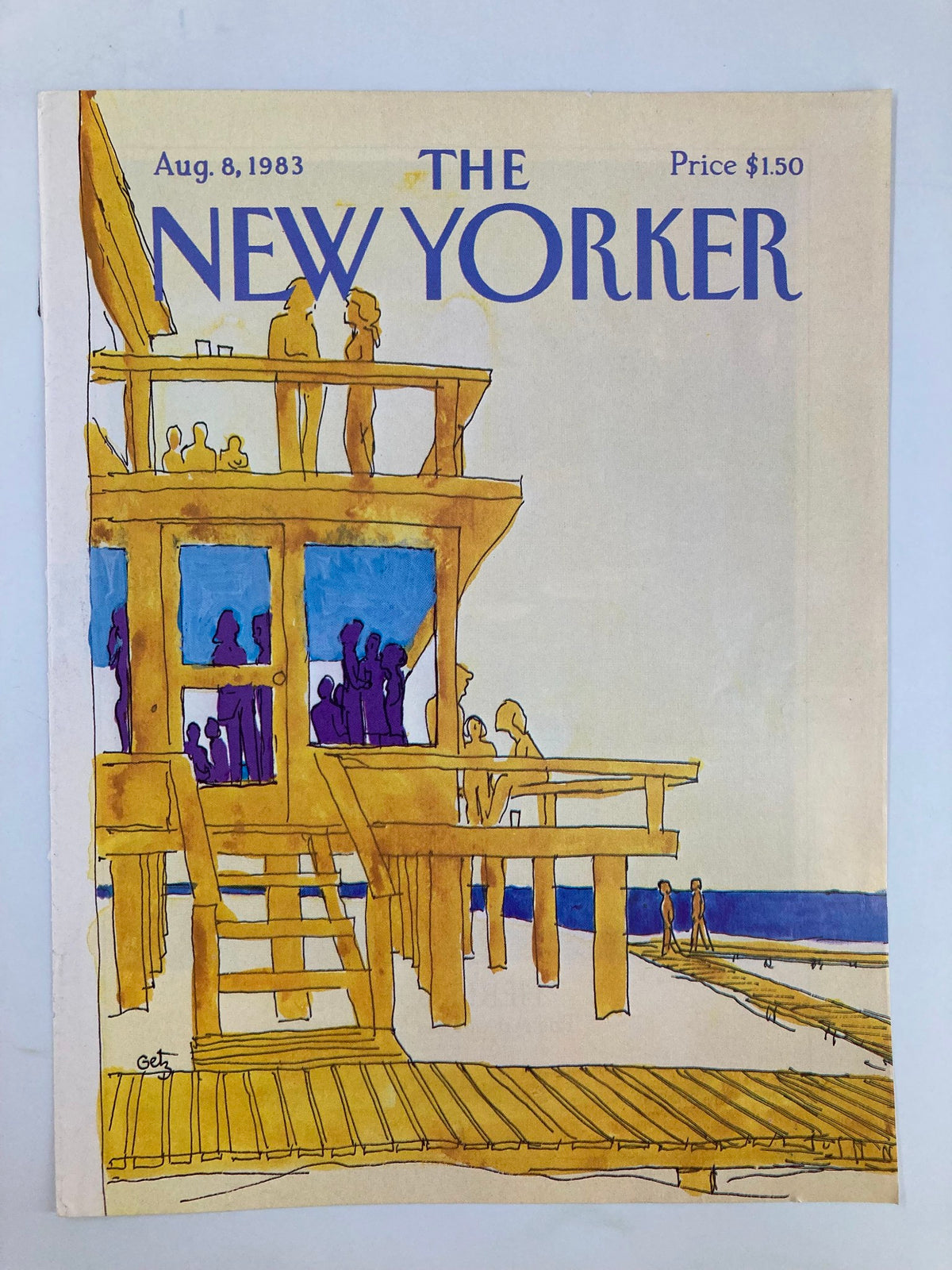 The New Yorker Cover August 8, 1983 by Arthur Getz featuring a vibrant illustration of a dock scene with figures, capturing a moment in time and reflecting American art and culture.
