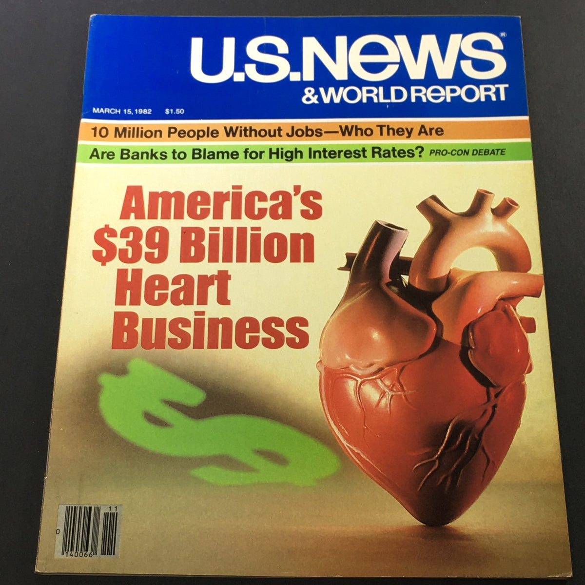 Cover of U.S. News & World Report from March 15, 1982, featuring the headline 'America's $39 Billion Heart Business' with an illustration of a human heart and dollar signs, highlighting the healthcare industry trends of the early 1980s.