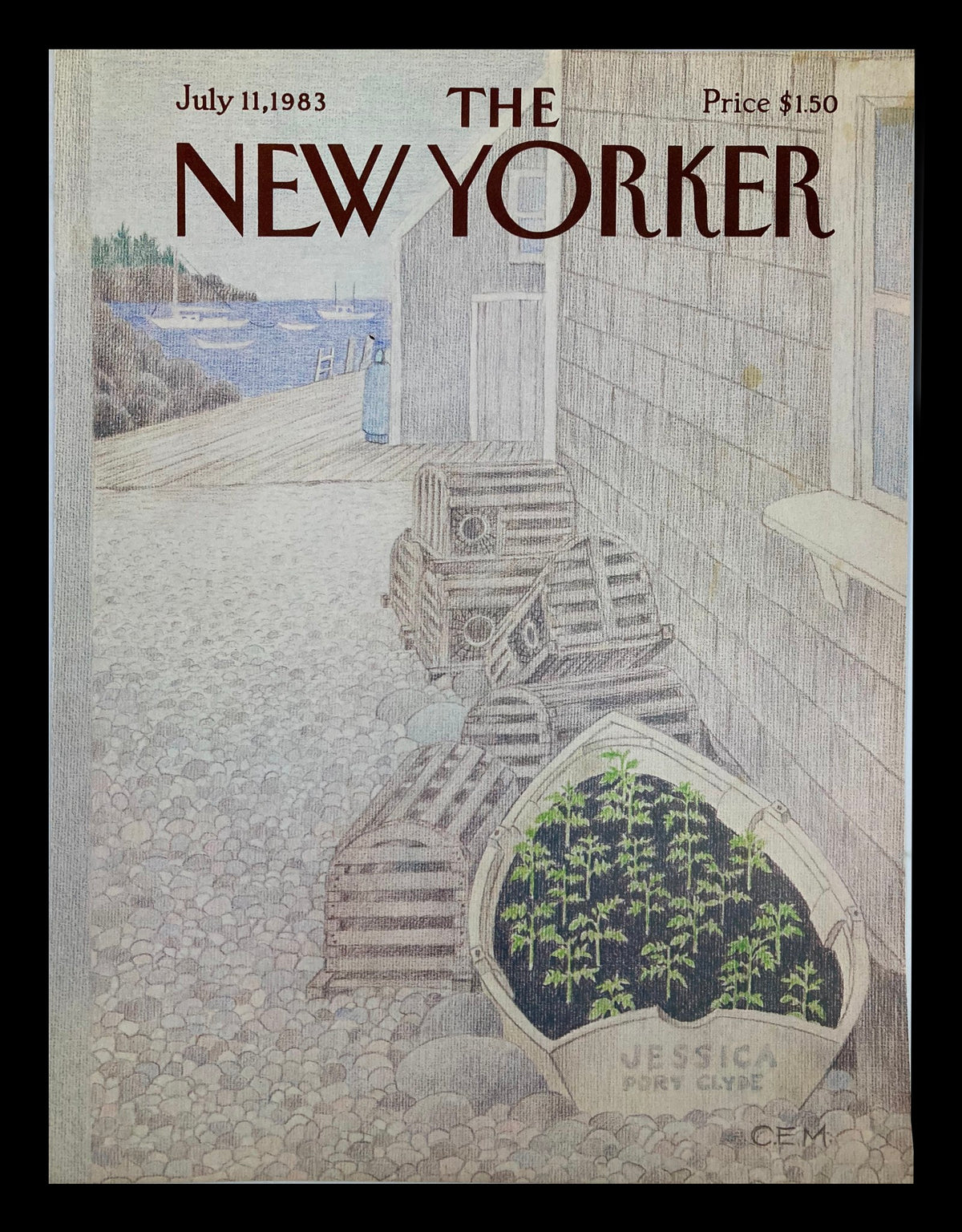Cover of The New Yorker magazine, July 11, 1983, featuring the artwork 'Jessica's Plant' by Charles E. Martin, depicting crates and a plant-filled bow in a coastal setting.