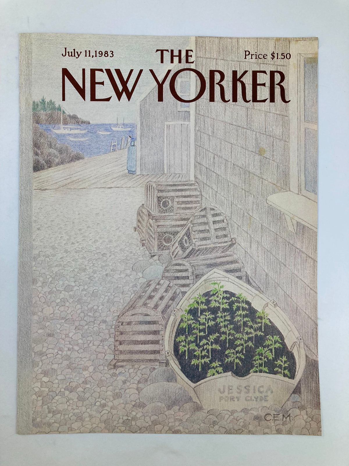 The New Yorker magazine cover from July 11, 1983, showcasing 'Jessica's Plant' by Charles E. Martin, with a serene coastal backdrop and detailed illustration of plants in a boat.