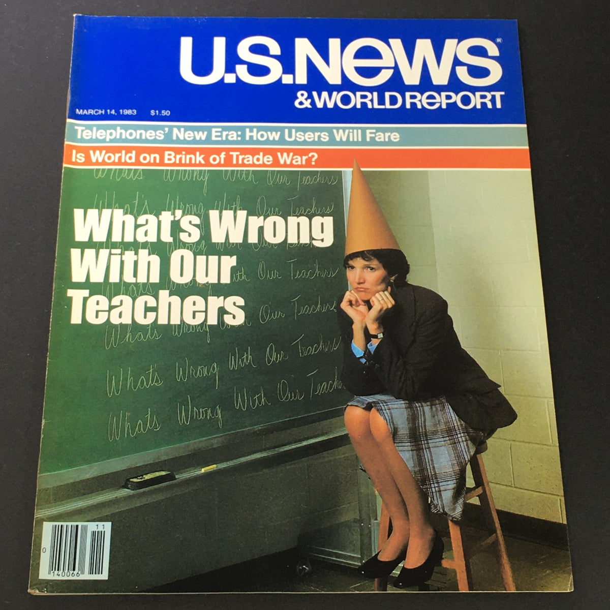 Cover of U.S. News & World Report from March 14, 1983, featuring the headline 'Is World On Brink Of Trade War?' with a woman in a conical hat and a chalkboard background discussing education issues.