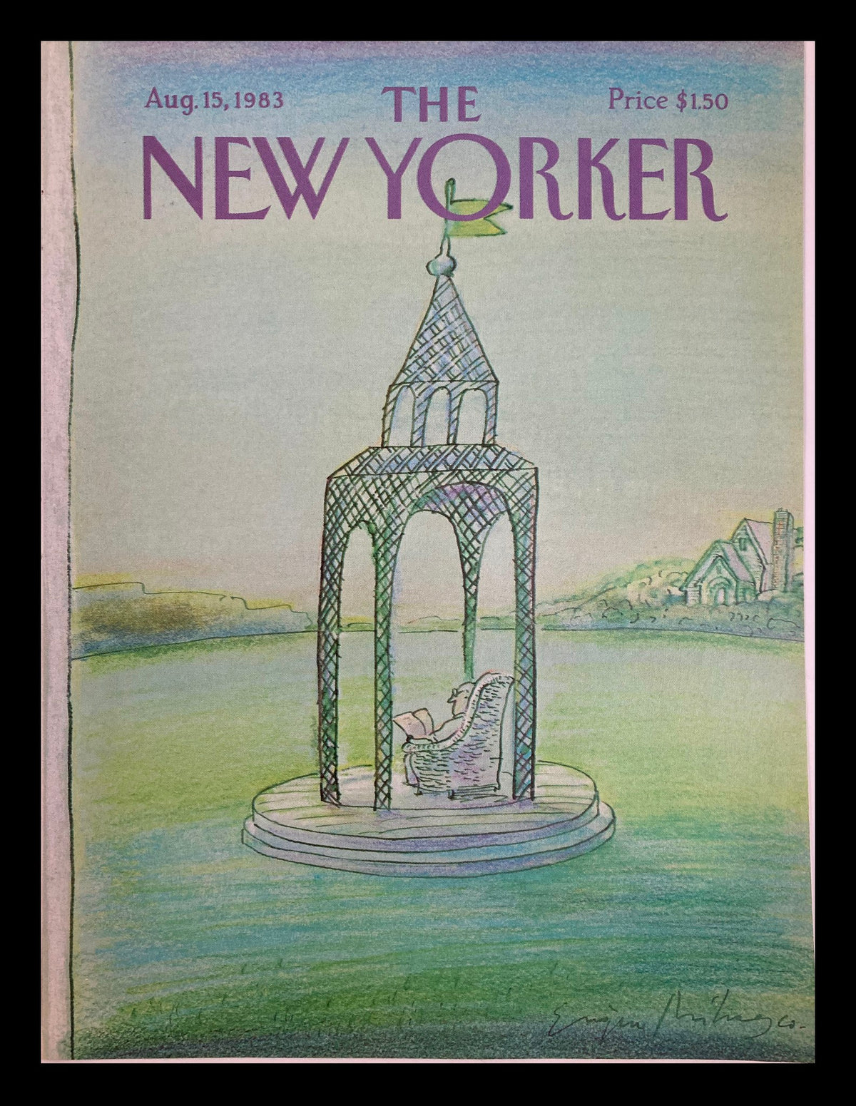Cover of The New Yorker dated August 15, 1983, featuring the artwork 'The Gazebo' by Eugene Mihaesco, depicting a serene gazebo scene with a figure reading in a lush, green setting.