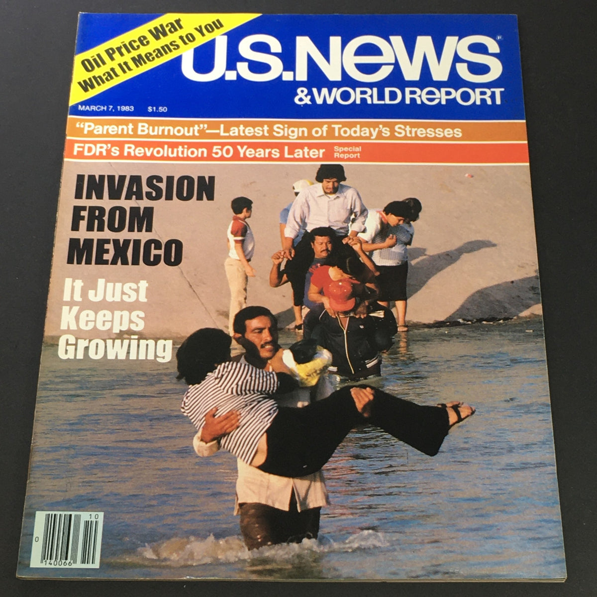 Cover of the VTG U.S. News & World Report from March 7, 1983, featuring a prominent headline 'Invasion From Mexico' and discussing the oil price war. The cover shows individuals wading through water, reflecting the socio-economic issues of the time.