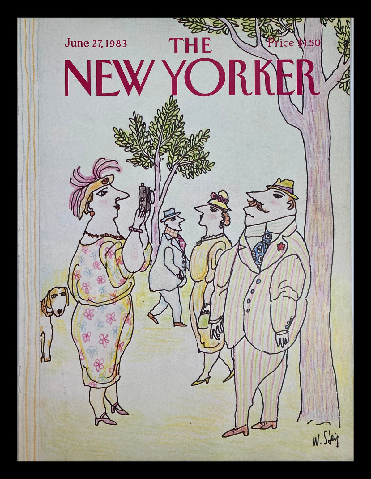The New Yorker magazine cover from June 27, 1983, titled 'Smile for the Camera' by William Steig, featuring whimsical illustrations of people outdoors with a dog, capturing a nostalgic moment in art history.