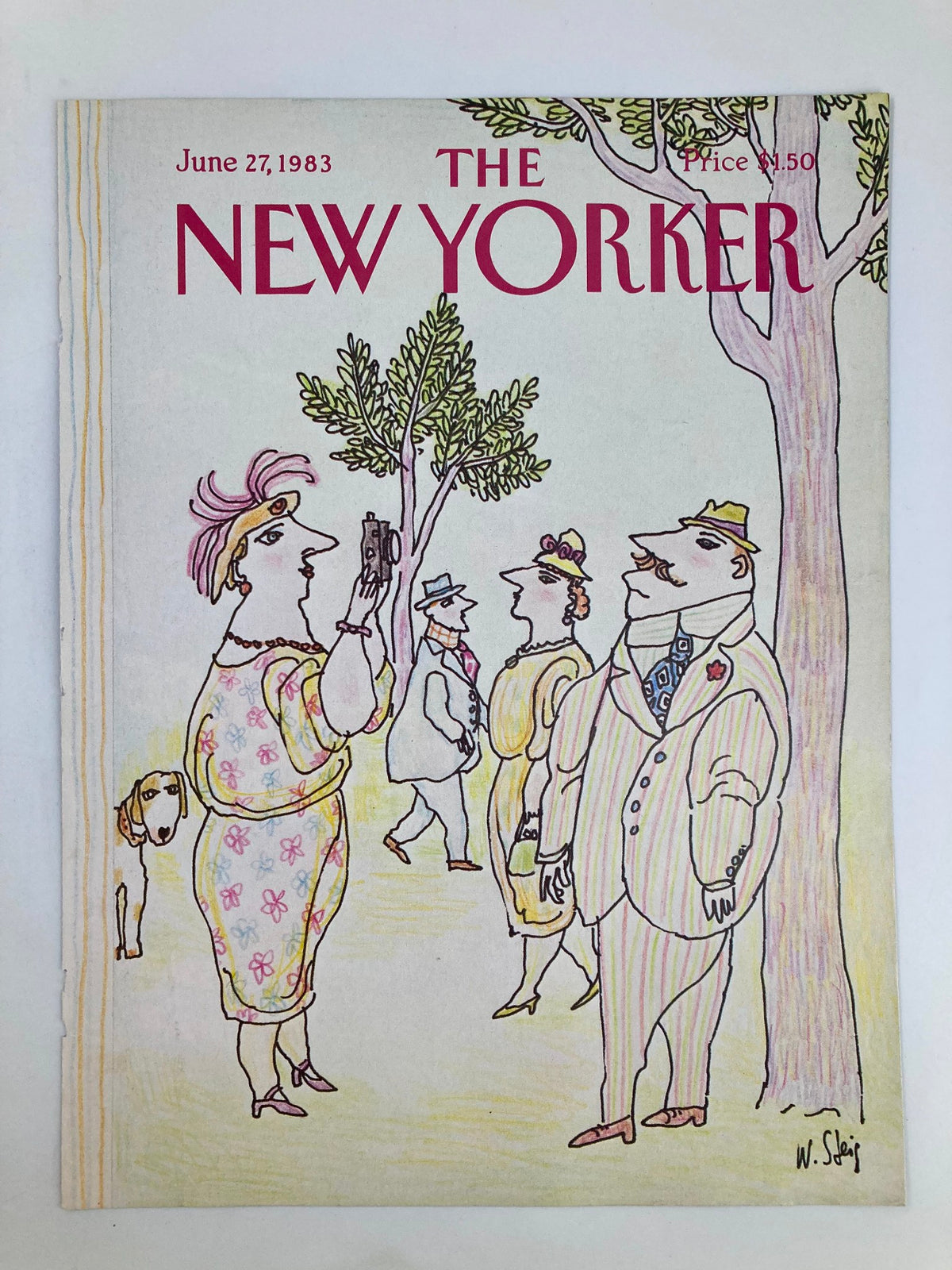 Vintage cover of The New Yorker magazine from June 27, 1983, titled 'Smile for the Camera' by William Steig, featuring whimsical characters in a park setting.
