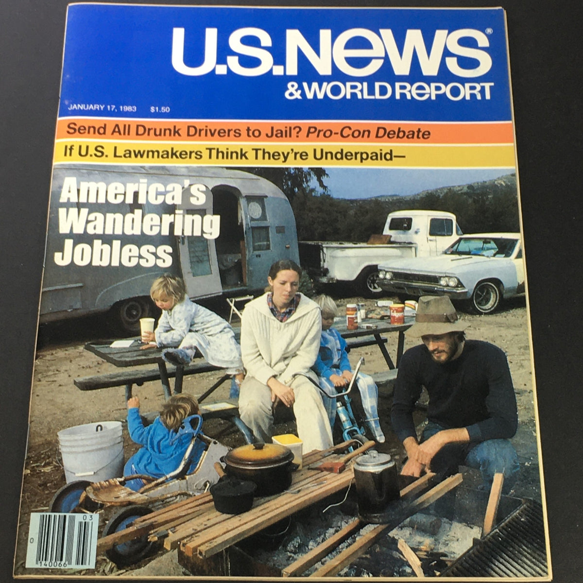 Cover of U.S. News & World Report dated January 17, 1983, featuring the title 'America's Wandering Jobless' with a family gathered around a campsite, showcasing the economic challenges of the early 1980s.