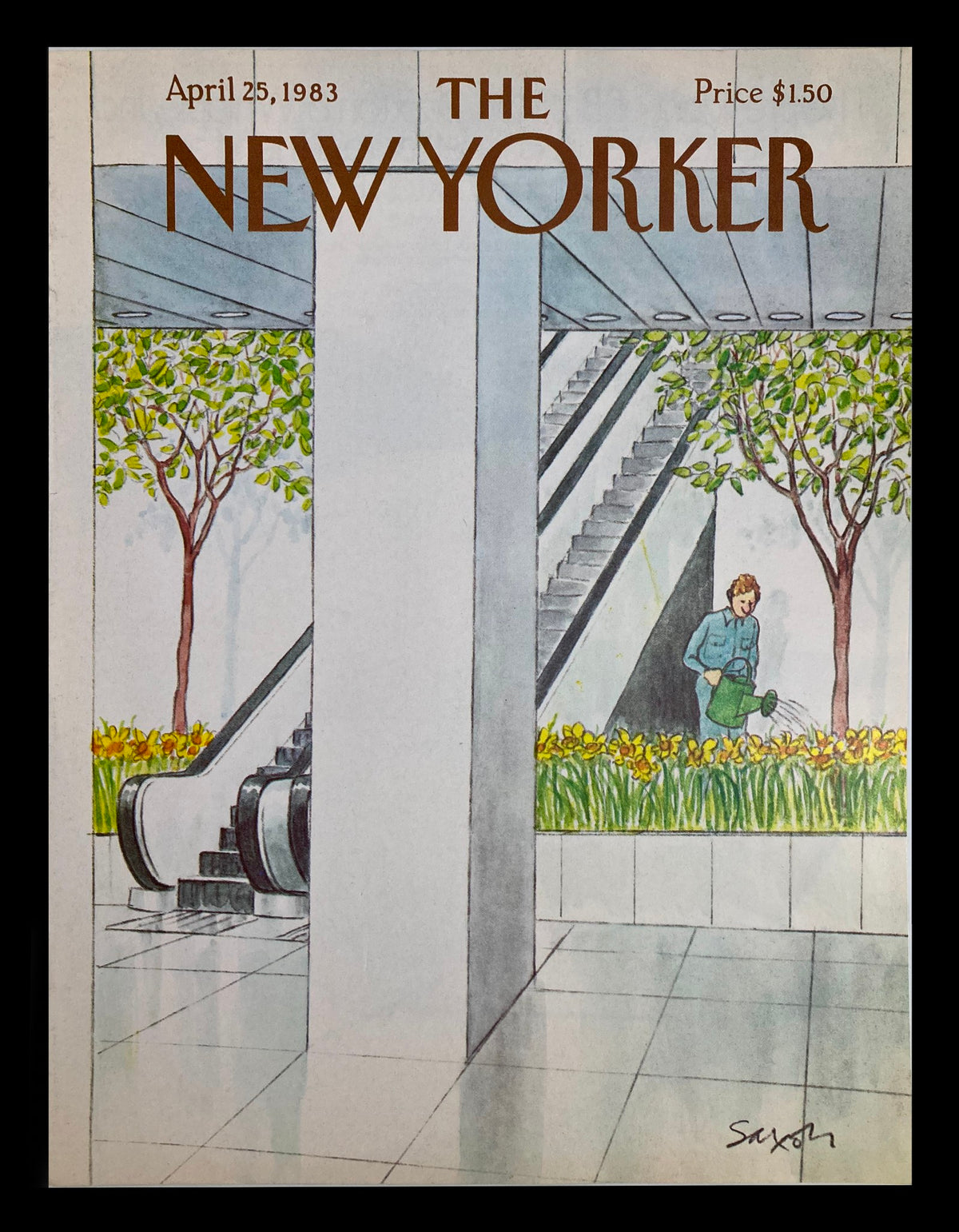 COVER ONLY The New Yorker April 25 1983 Watering Plants by Charles Saxon featuring a serene illustration of a man watering plants in a modern space with greenery and escalators.