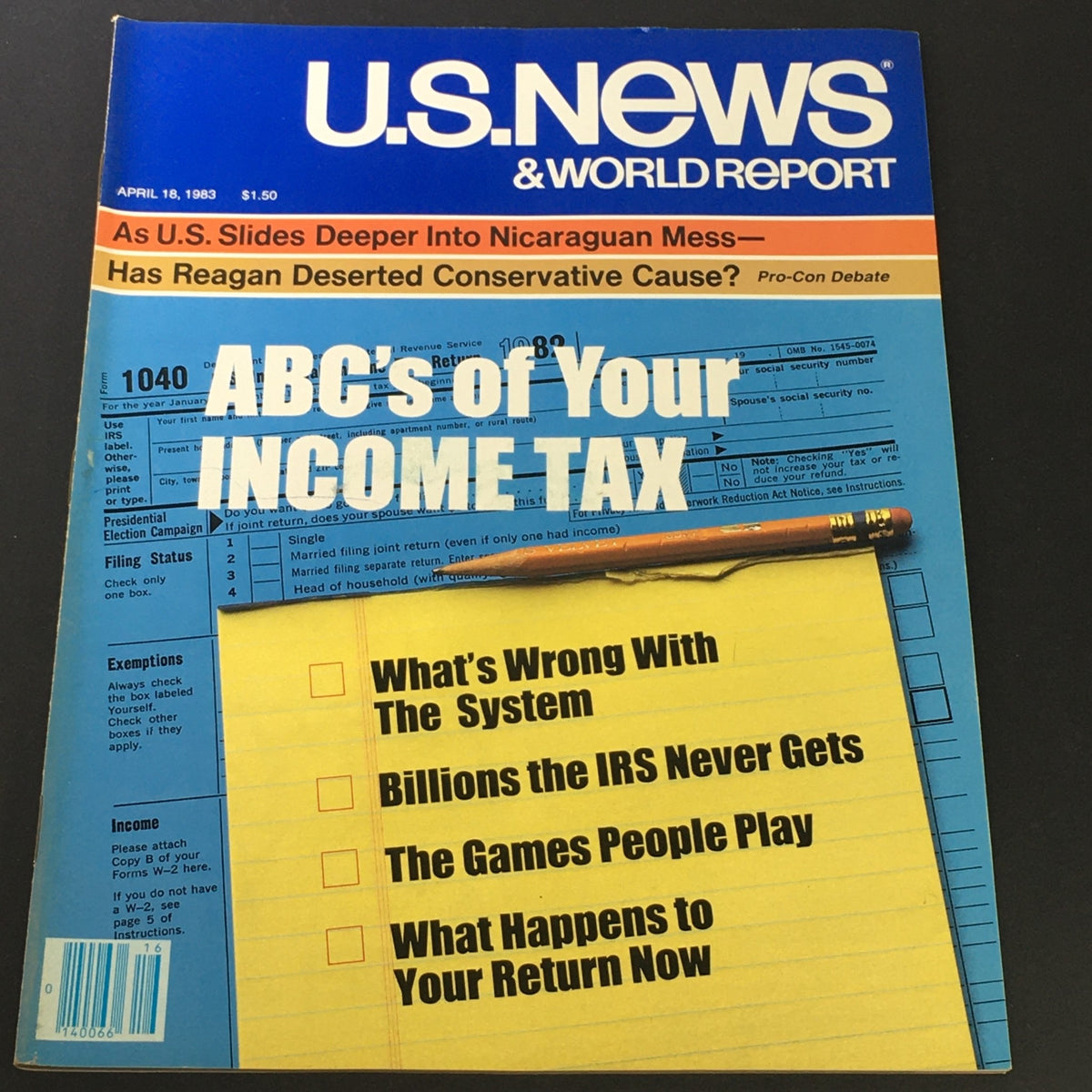 Vintage U.S. News & World Report magazine from April 18, 1983, featuring the article "ABC's of Your Income Tax" on the cover, with headlines addressing tax issues and political events of the era.