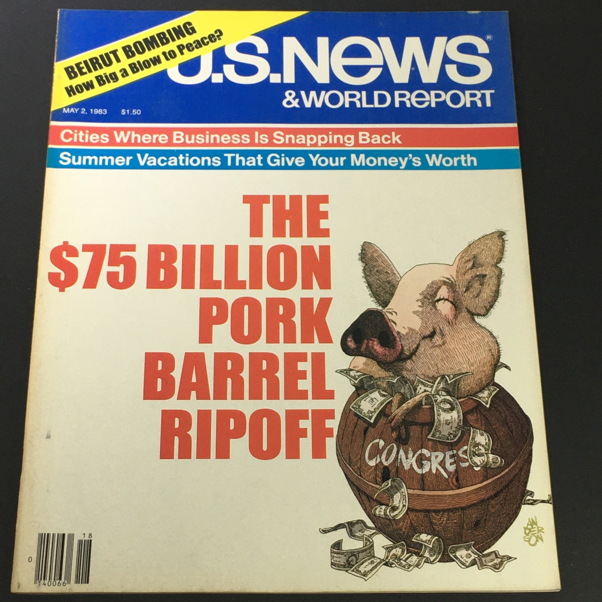 Cover of U.S. News & World Report from May 2, 1983, featuring the headline 'The $75 Billion Pork Barrel Ripoff'. The cover showcases an illustration of a pig sitting on a barrel labeled 'Congress' surrounded by money, highlighting the magazine's focus on political commentary and government spending.