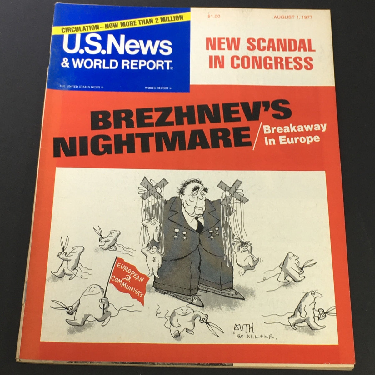 Cover of VTG U.S. News & World Report from August 1, 1977, featuring the title 'Brezhnev's Nightmare' with a political cartoon depicting Leonid Brezhnev surrounded by European communists and puppets.