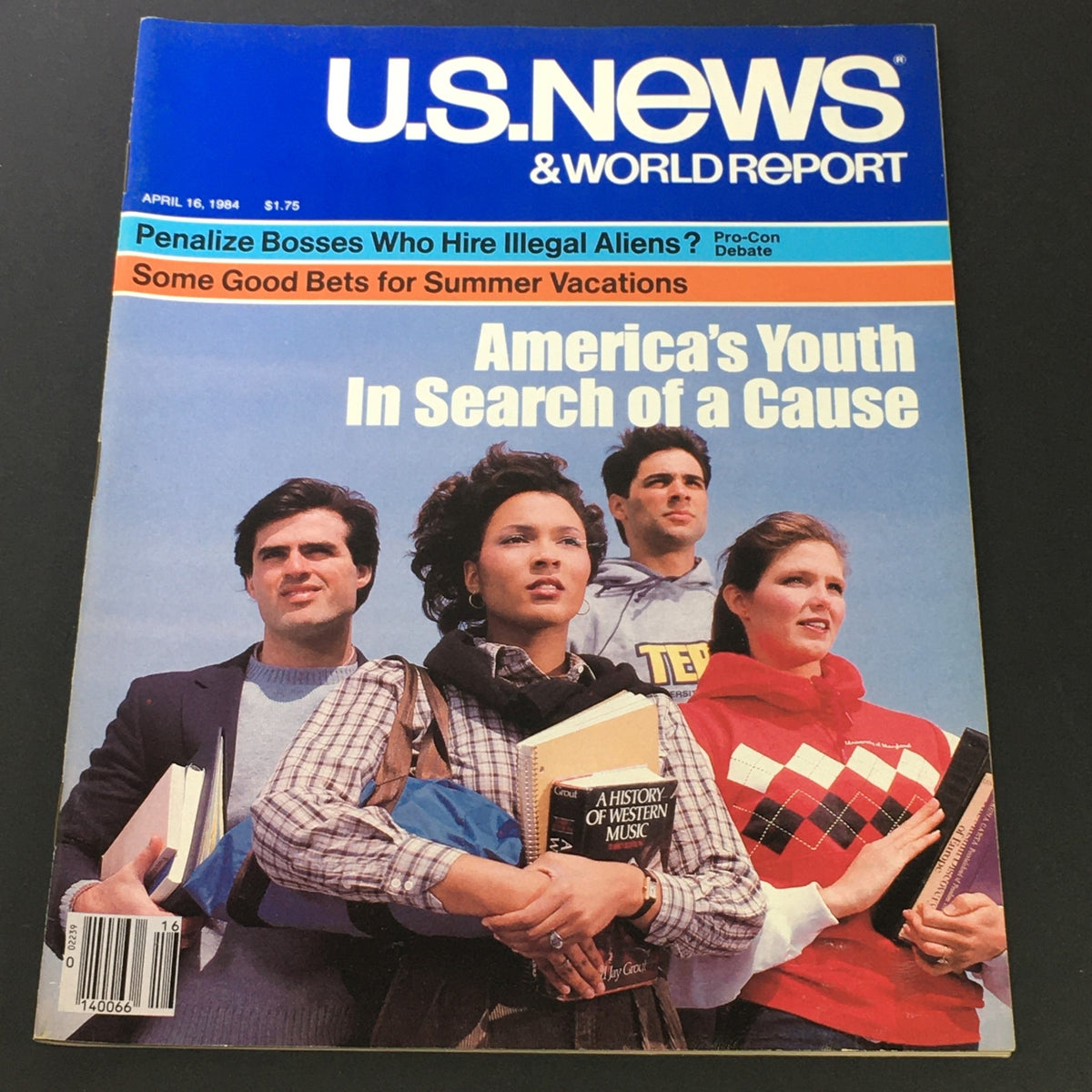 Cover of U.S. News & World Report dated April 16, 1984, featuring the article 'America's Youth Search for a Cause'. The cover includes four young adults dressed in casual attire holding books, illustrating the theme of youth involvement and social causes.