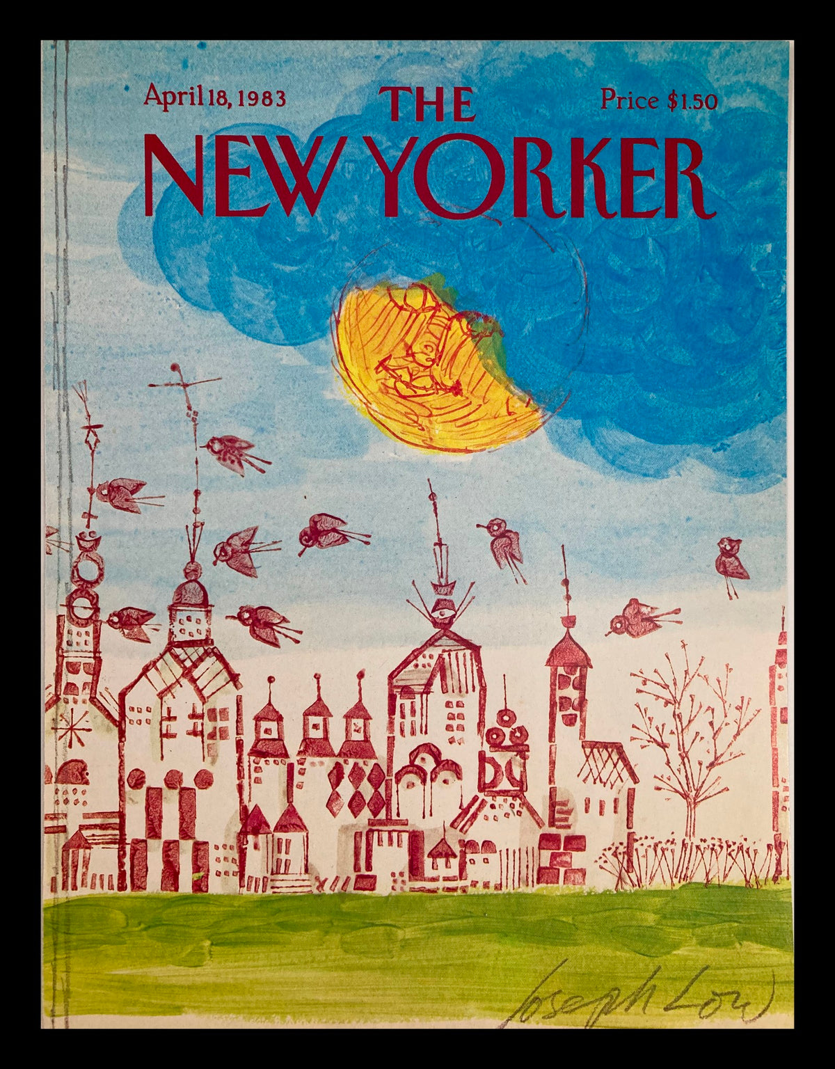 COVER ONLY The New Yorker April 18 1983 Waterpaint Birds by Joseph Low, featuring charming watercolor artwork of birds against a colorful sky and whimsical buildings.