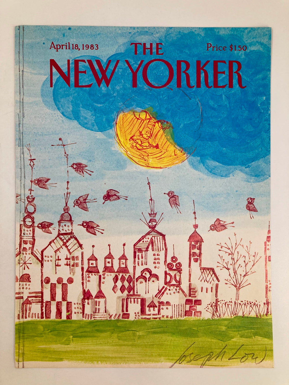 COVER ONLY The New Yorker April 18 1983 Waterpaint Birds by Joseph Low, showcasing a vibrant illustration of birds and unique architectural designs in watercolor style.