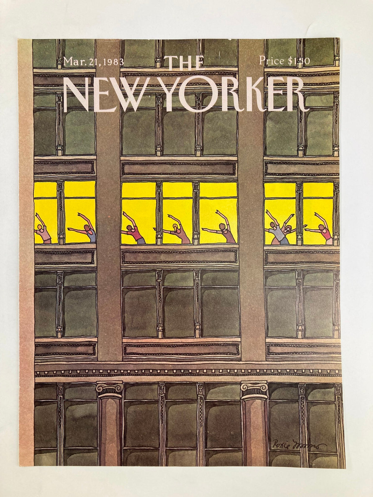 COVER ONLY The New Yorker March 21 1983 Aerobics artwork by Roxie Munro depicting vibrant aerobics scene through building windows.