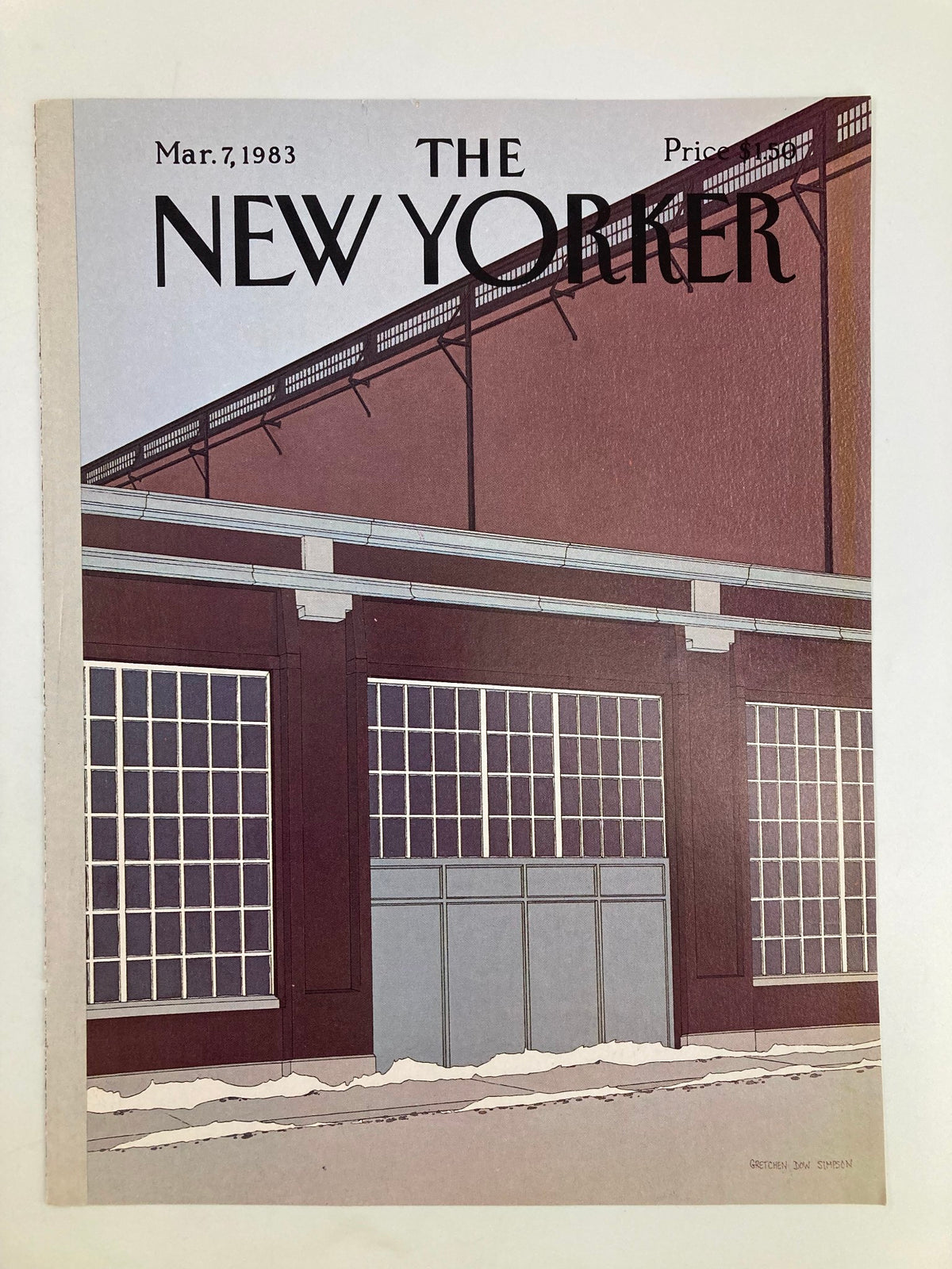 Vintage cover of The New Yorker from March 7, 1983, by designer Gretchen Dow Simpson, depicting a warehouse door with urban themes.