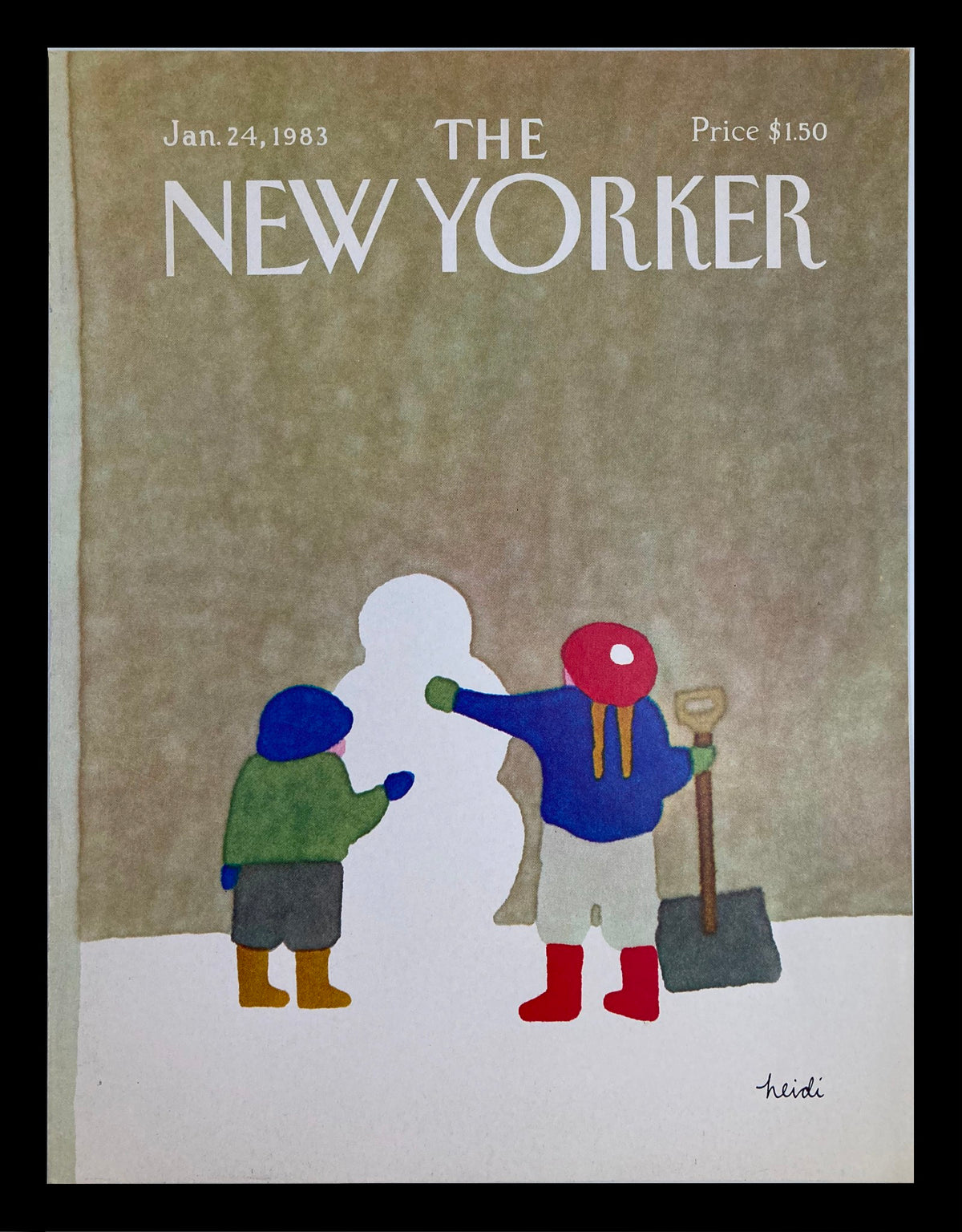 Cover of The New Yorker January 24 1983 titled 'Building Snowman' by Heidi Goennel featuring children playing in the snow, creating a snowman.