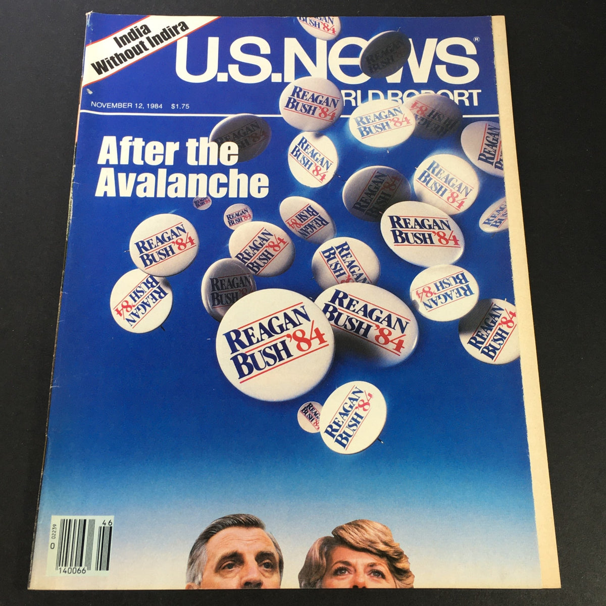 Cover of U.S. News & World Report from November 12, 1984, featuring campaign buttons for Reagan and Bush. Highlighted text reads 'After the Avalanche' with iconic promotional material from the 1984 election.