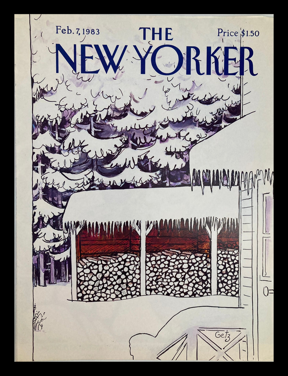 Cover of The New Yorker February 7, 1983 featuring Snow Logs illustration by Arthur Getz, showcasing a winter scene with snowy trees, covered wood logs, and icicles.