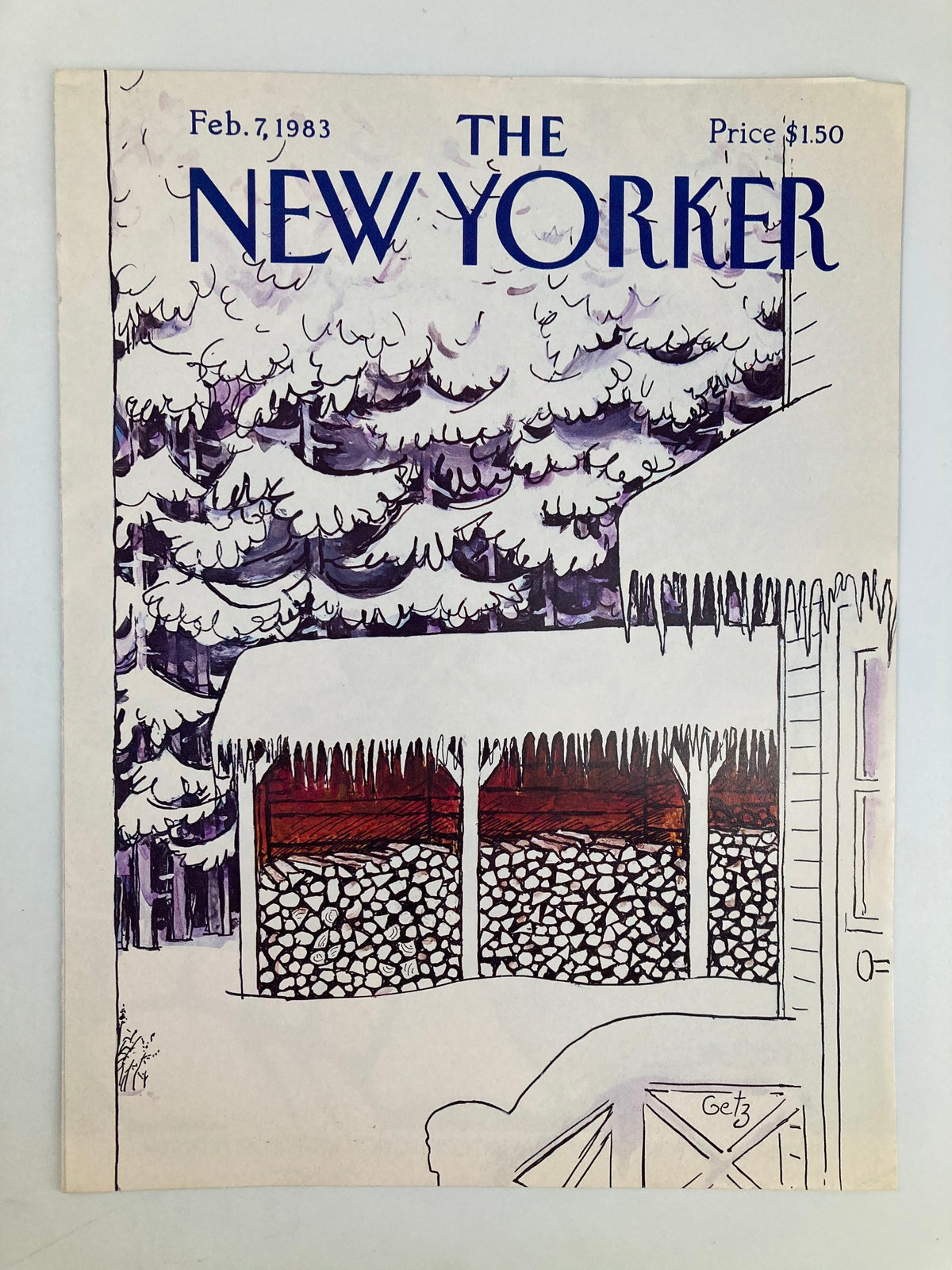 The New Yorker February 7, 1983 cover displaying Snow Logs by Arthur Getz, depicting a cozy winter setting with snow-laden trees and a wooden shelter filled with logs.