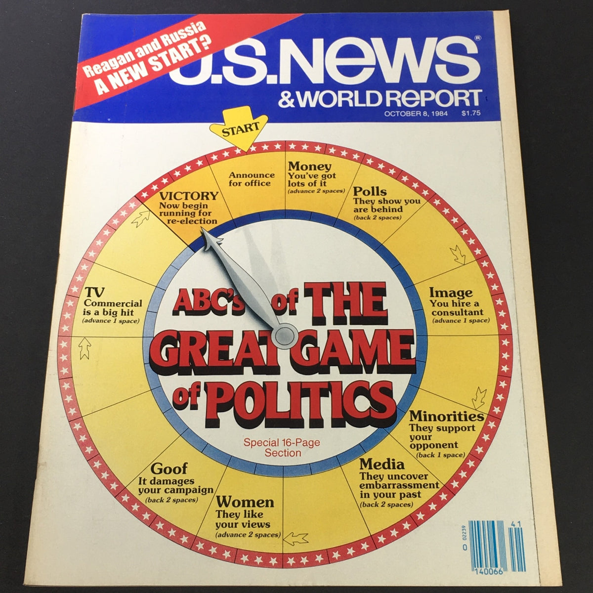 U.S. News & World Report cover from October 8, 1984, featuring Ronald Reagan and an article on U.S.-Russia relations, titled 'A New Start.' The cover includes a game wheel titled 'ABC's of the Great Game of Politics' with various political themes.