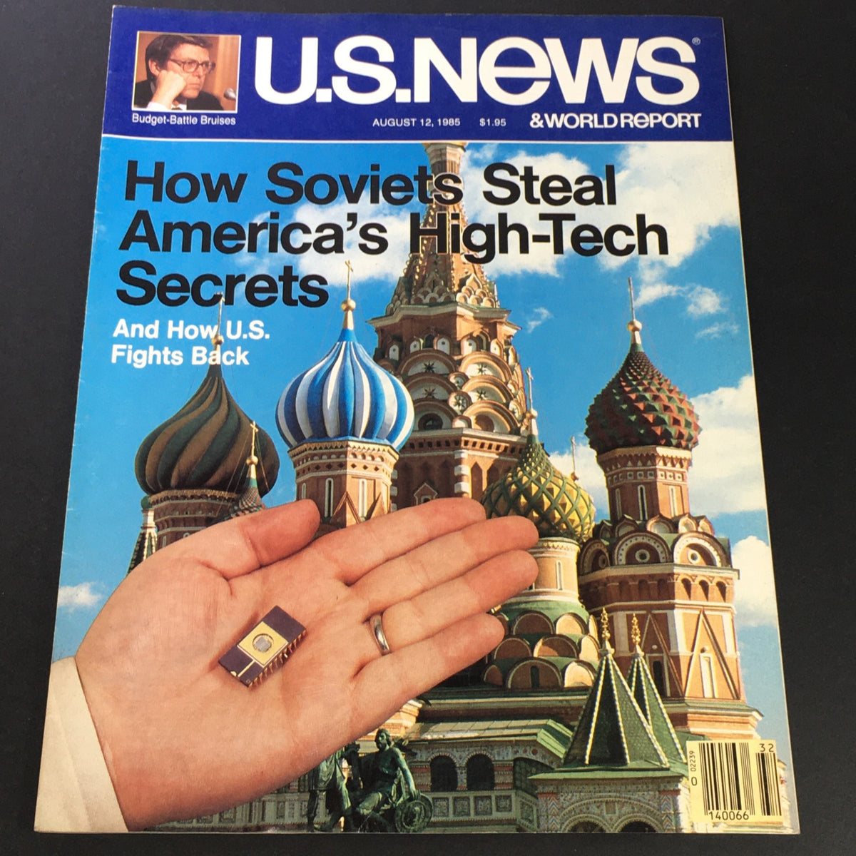 Vintage U.S. News & World Report magazine cover dated August 12, 1985, featuring the headline 'How Soviets Steal America's High-Tech Secrets' with an image of a hand holding a microchip in front of colorful domed Russian architecture.