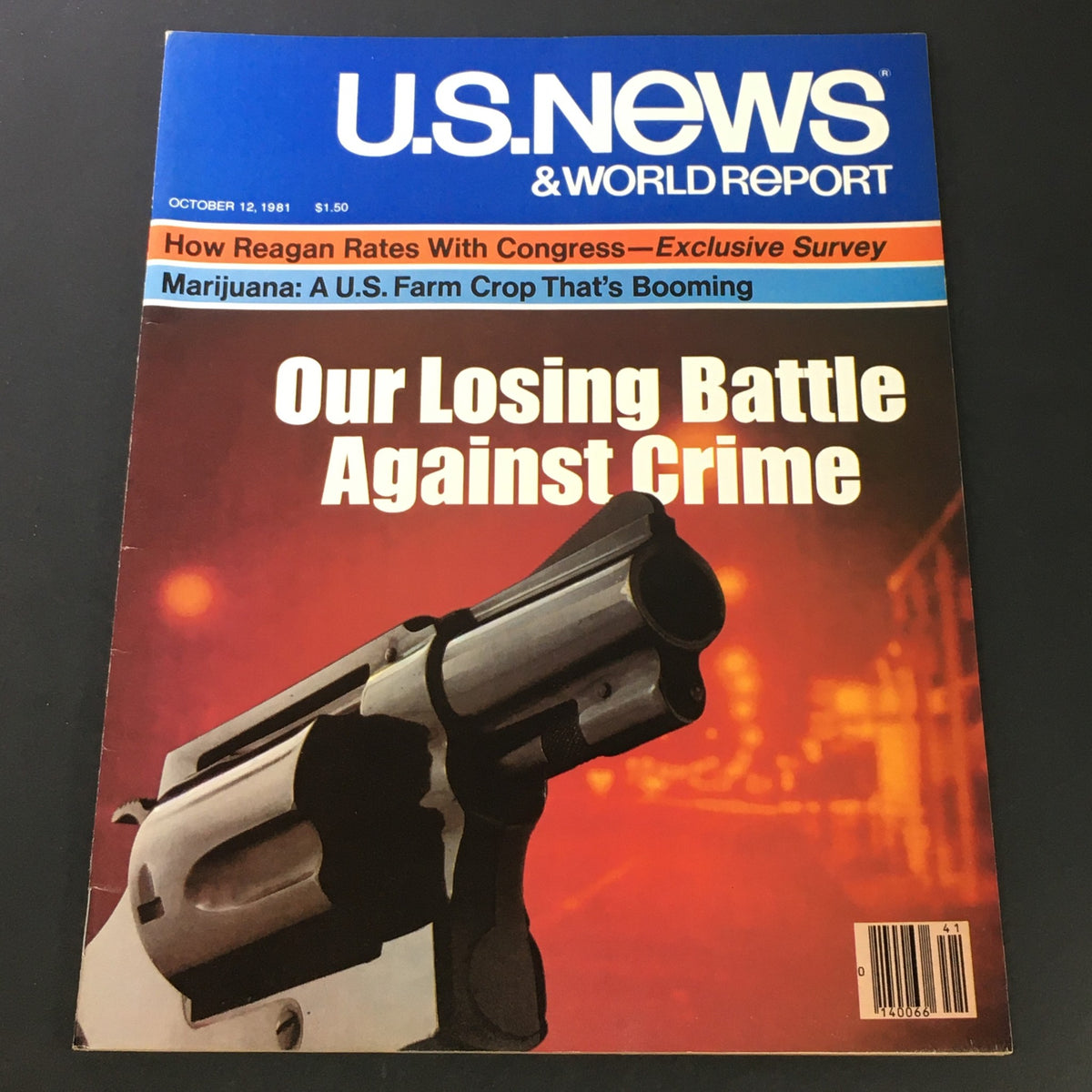 Cover of the US News & World Report from October 12, 1981, featuring the title 'Our Losing Battle Against Crime' with a striking image of a revolver against a red background, highlighting critical societal issues related to crime.