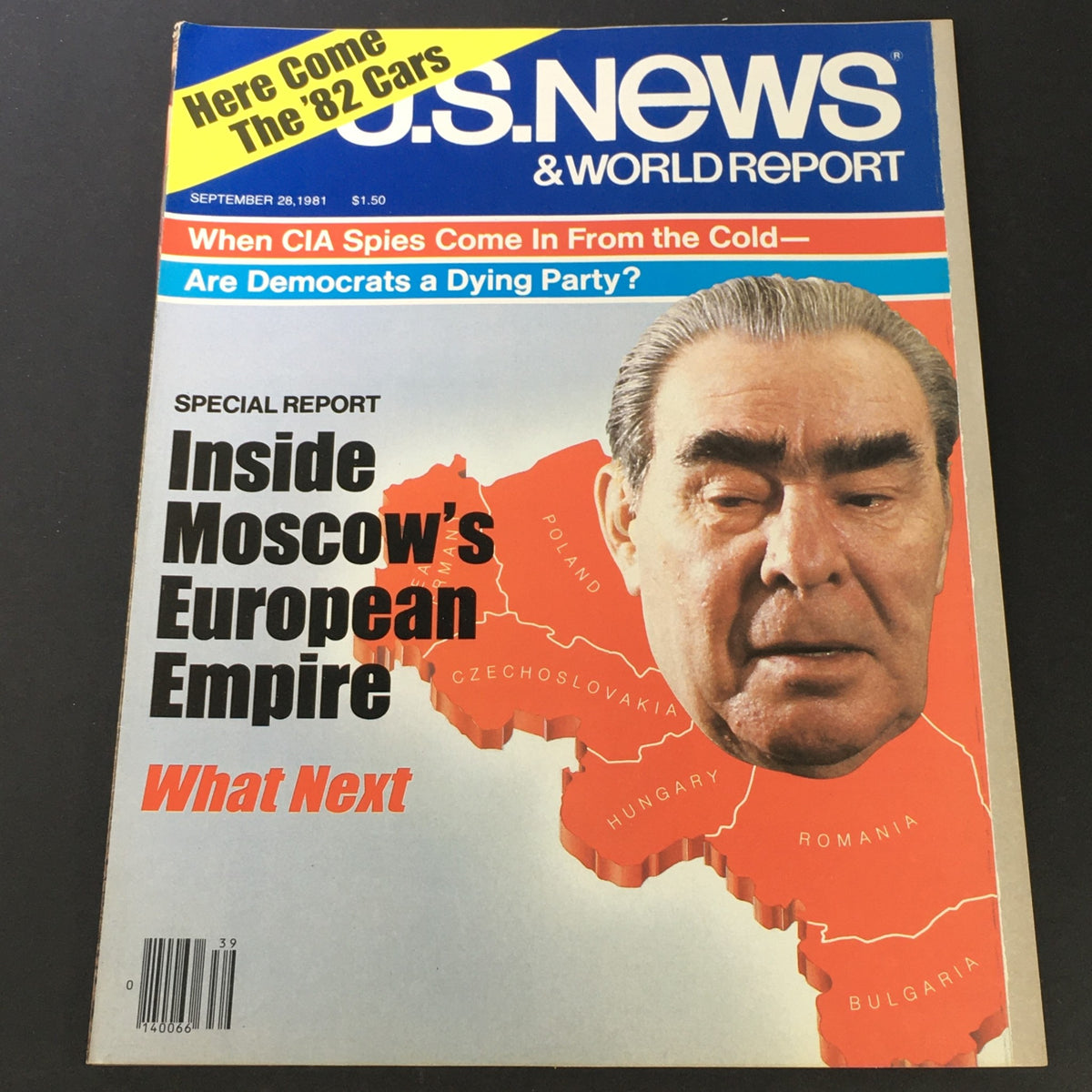 Cover of US News & World Report magazine dated September 28, 1981, featuring General Secretary Leonid Brezhnev, highlighting topics like Cold War politics and Moscow's European Empire.