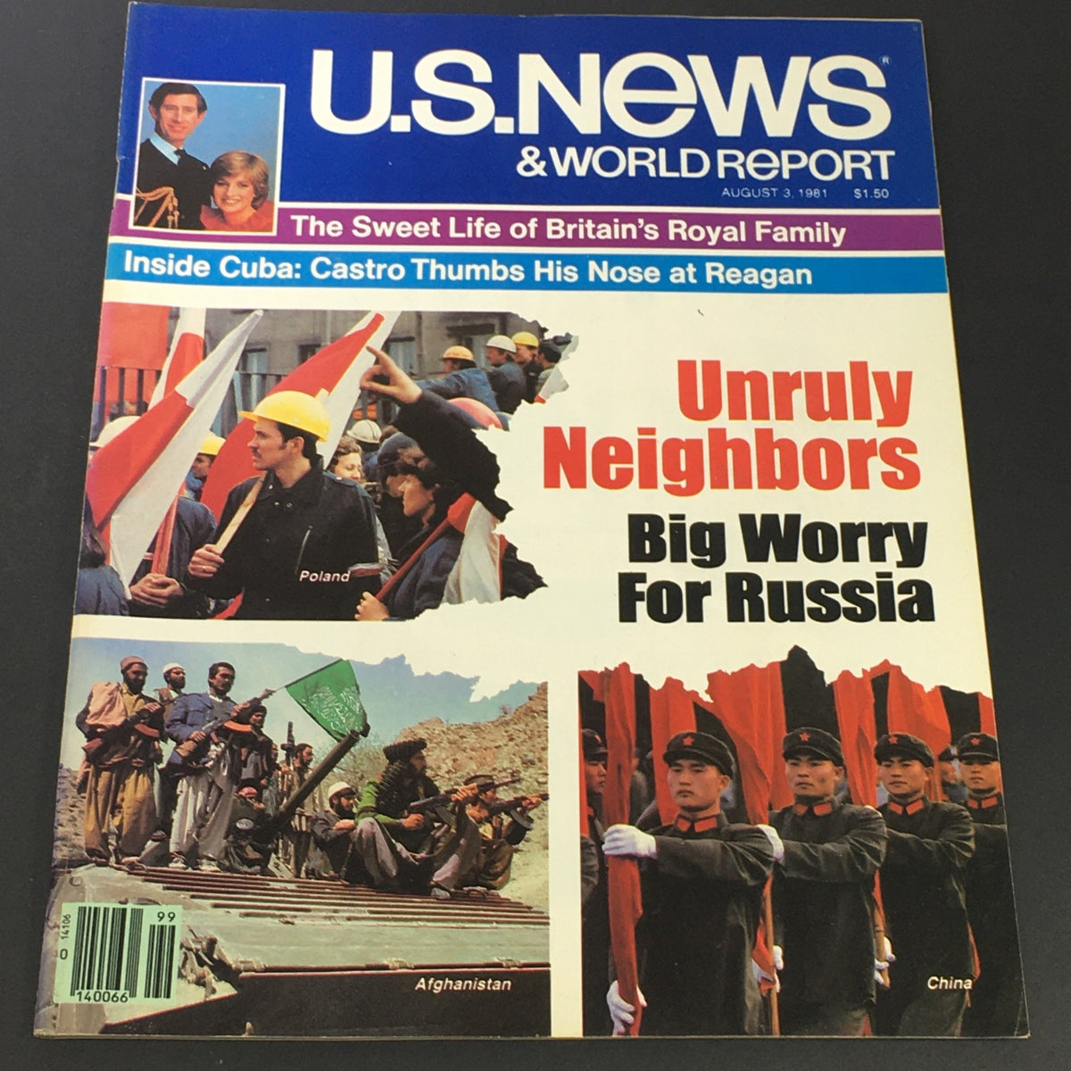 Cover of the US News & World Report from August 3, 1981, featuring Prince Charles and Princess Diana with headlines about British royalty and global affairs, including political topics like Cuba and Russia.