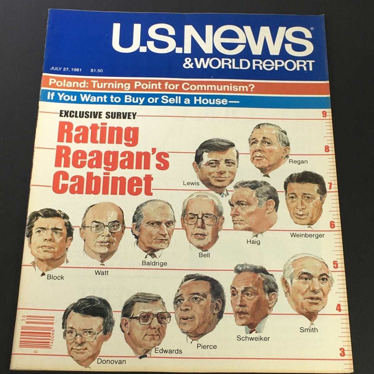 Cover of US News & World Report from July 27, 1981, featuring the title 'Rating Reagan's Cabinet' with portraits of cabinet members and headlines discussing political dynamics.
